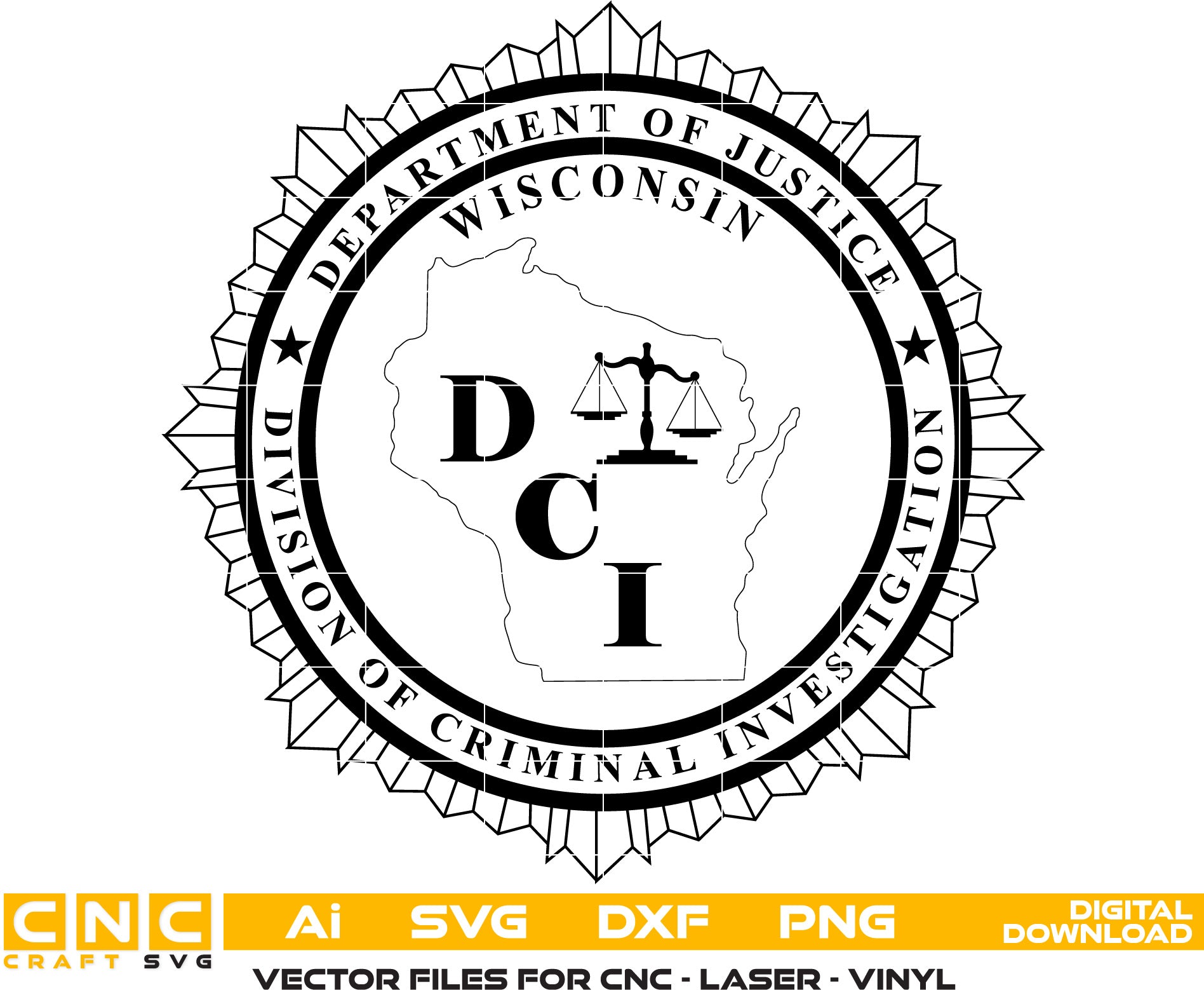 Wisconsin Dept. of Justice Criminal Investigation Badge Vector art Svg, Dxf, Jpg, Png, and Ai files For laser engraving, woodworking, acrylic painting, and all printing machines.