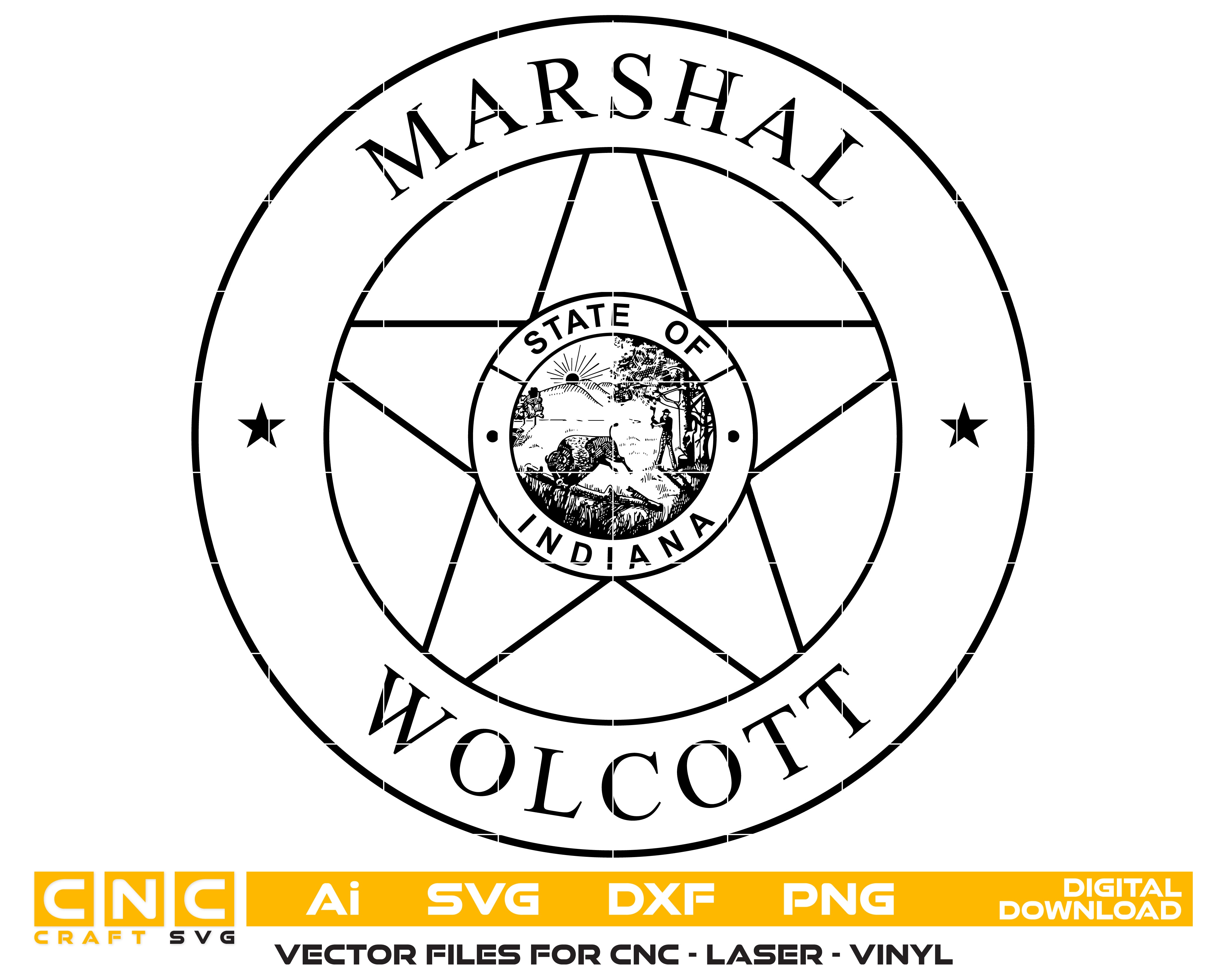 Wolcott Marshal Badge SVG, Indiana Marshal Badge Vector, Wolcott Marshal’s Office Badge, Law Enforcement Badge SVG, Indiana Police Badge Vector