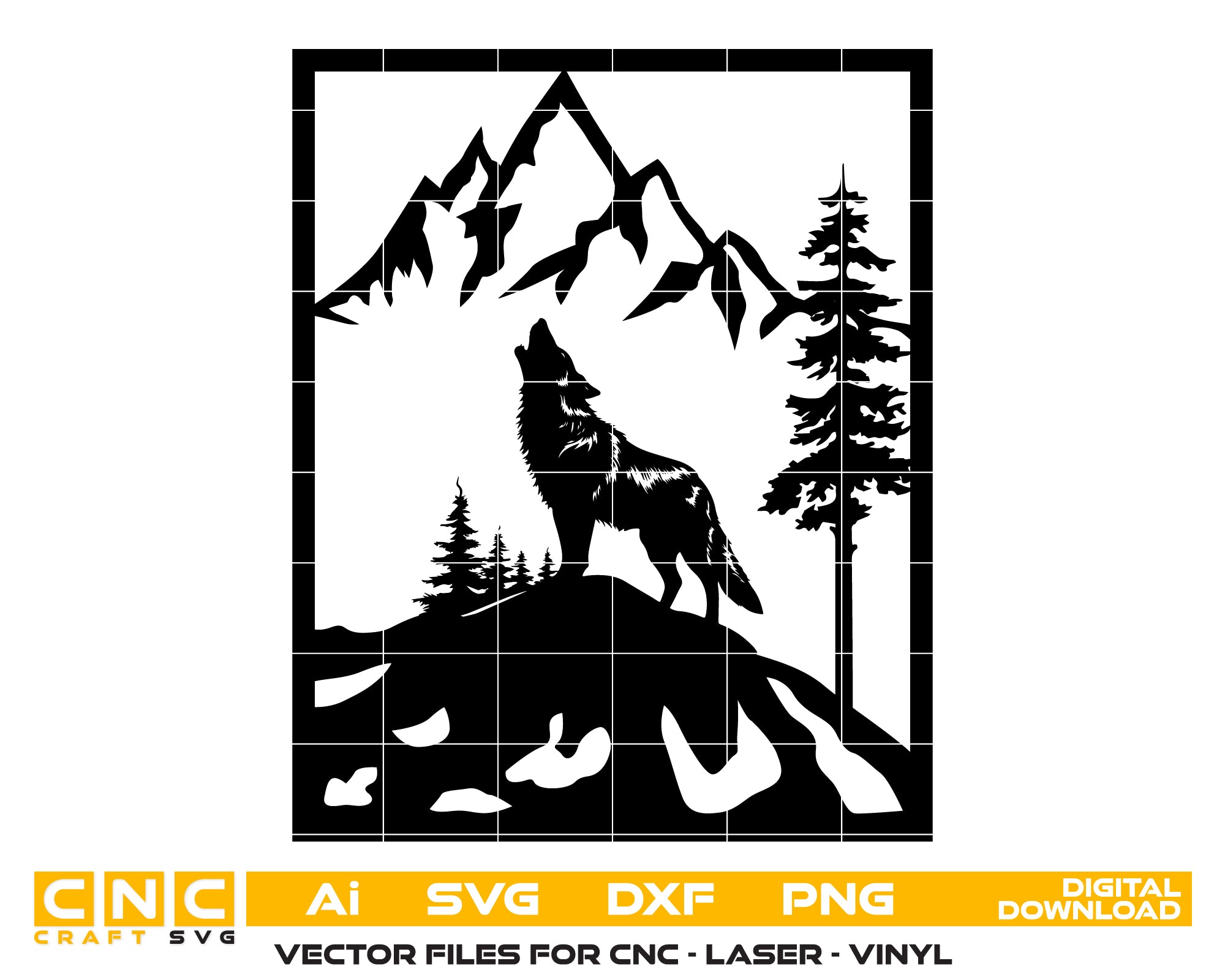 Wolf Howling Scene with Trees & Mountains