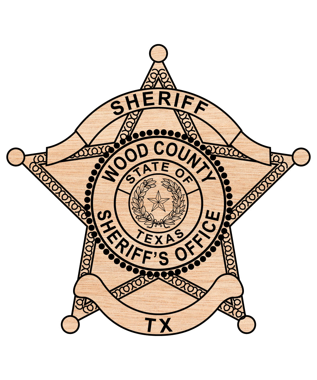 Wood County Texas Sheriff Badge SVG digital download, Texas sheriff department emblem vector design for Cricut, Silhouette, CNC, engraving, and badge craft projects.