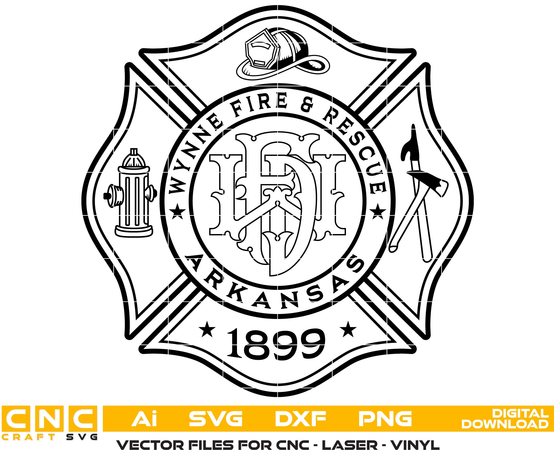 Wynne Arkansas Fire and rescue Badge Vector art Svg, Dxf, Jpg, Png, and Ai files For laser engraving, woodworking, acrylic painting, and all printing machines.