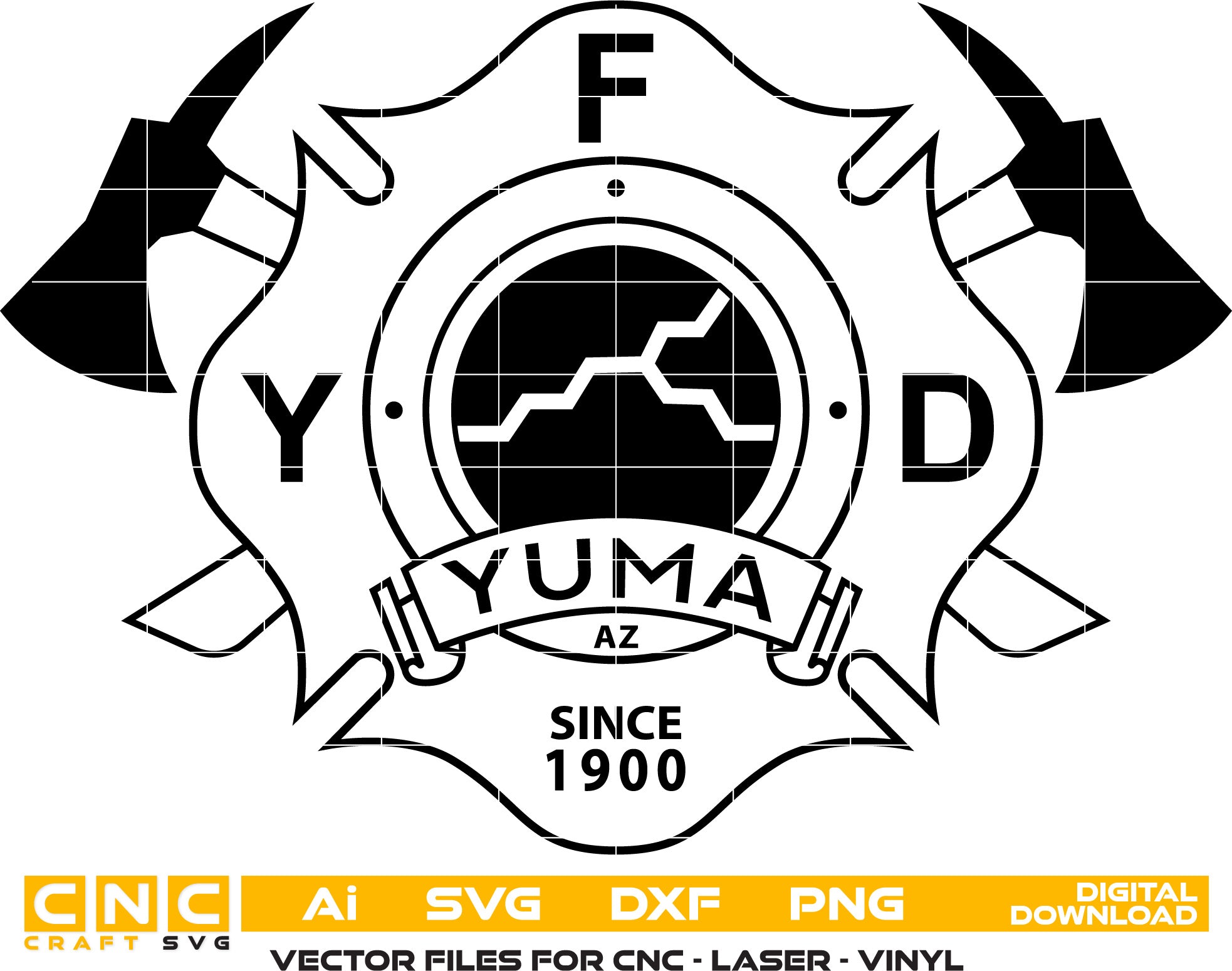 Yuma Fire Dept. Badge Vector art Svg/ Dxf/ Jpg/ Png/ and Ai files For laser engraving/ woodworking/ acrylic painting and all printing machines.