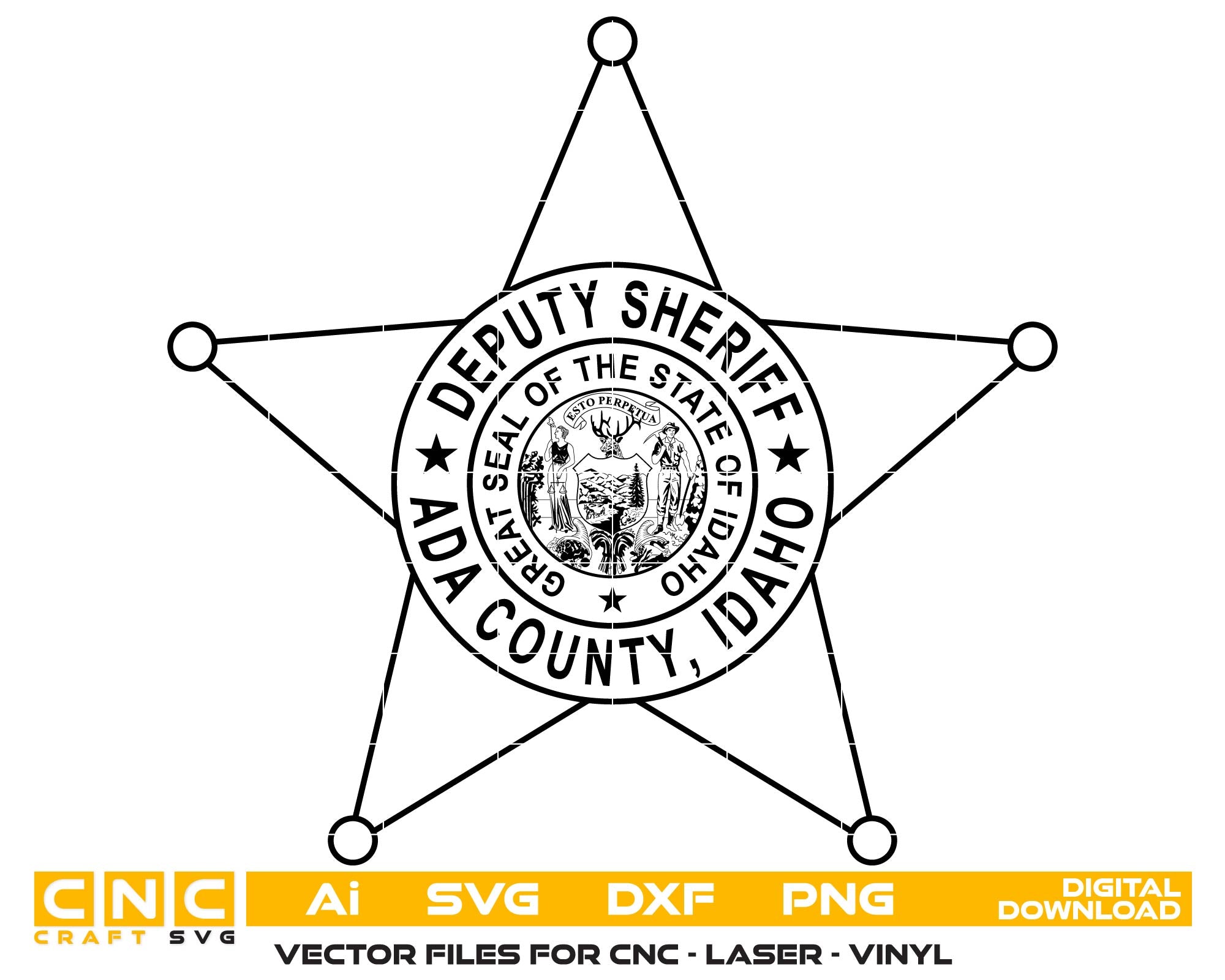 Ada County ID Deputy Sheriff Badge SVG

Idaho Law Enforcement Star Vector

Great Seal of Idaho Engraving File

5 Point Star Deputy Badge CNC File

Sheriff Department Vector for Lasers