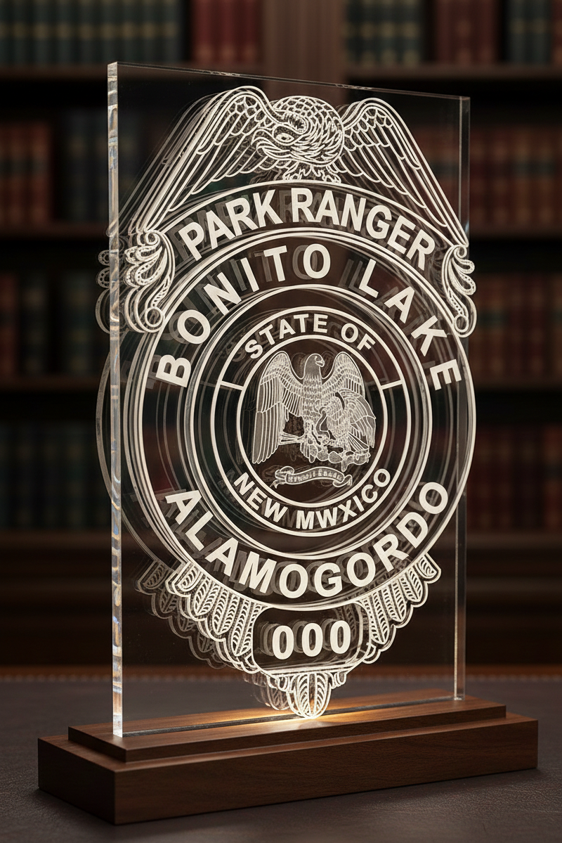 Bonito Lake Park Ranger Badge SVG

Alamogordo New Mexico Vector Design

State of New Mexico Seal Emblem

Park Ranger Shield Engraving File

Eagle Top Badge CNC Router File