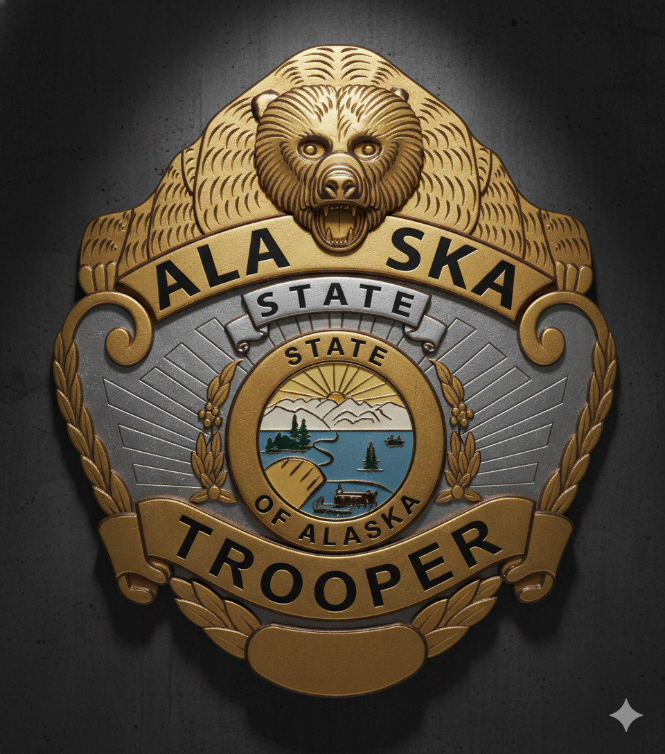 Alaska State Trooper Badge SVG

Alaska Police Bear Emblem Vector

State Trooper Badge with Bear Crest

Alaska Law Enforcement Shield Design

Trooper Badge CNC Vector File