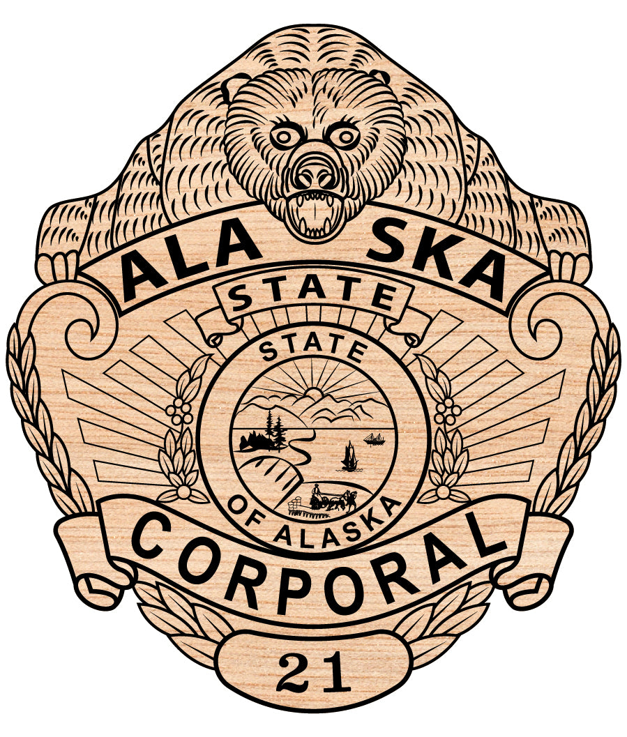 Alaska State Troopers Corporal Badge SVG

State Trooper Badge Vector Design

Law Enforcement Corporal Badge for Engraving

Alaska Trooper Logo SVG File

Professional Police Badge CNC Vector