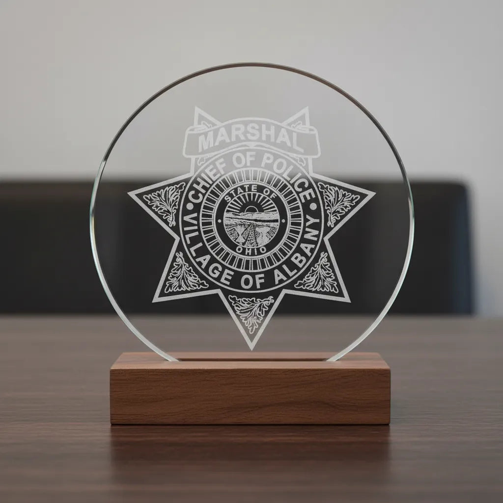 Albany Chief of Police Marshal Badge SVG

Ohio Law Enforcement Vector Design

5-Point Star Police Badge Engraving File

Albany OH Marshal Sign CNC File

Eagle Police Chief Badge Vector for Lasers