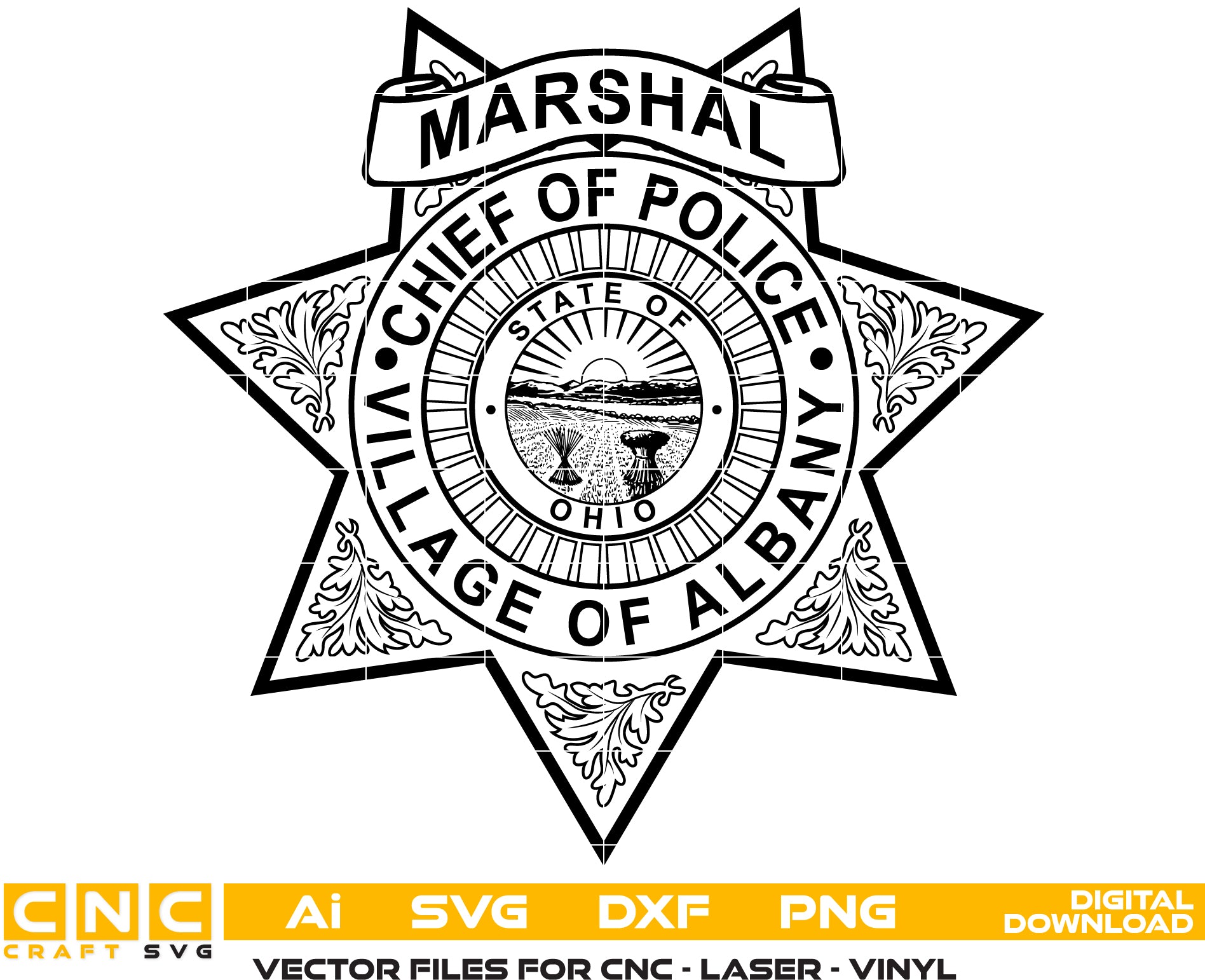 Albany Chief of Police Marshal Badge SVG

Ohio Law Enforcement Vector Design

5-Point Star Police Badge Engraving File

Albany OH Marshal Sign CNC File

Eagle Police Chief Badge Vector for Lasers