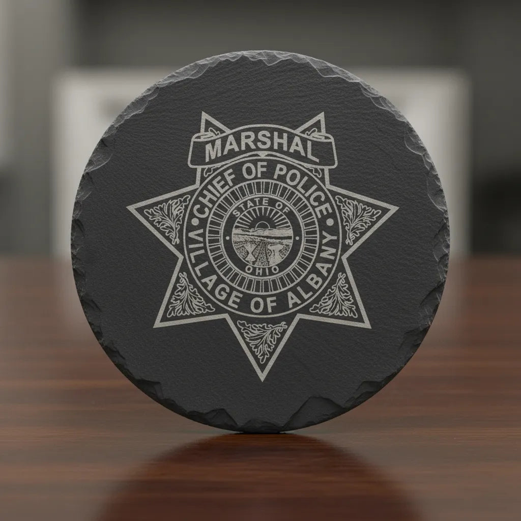 Albany Chief of Police Marshal Badge SVG

Ohio Law Enforcement Vector Design

5-Point Star Police Badge Engraving File

Albany OH Marshal Sign CNC File

Eagle Police Chief Badge Vector for Lasers