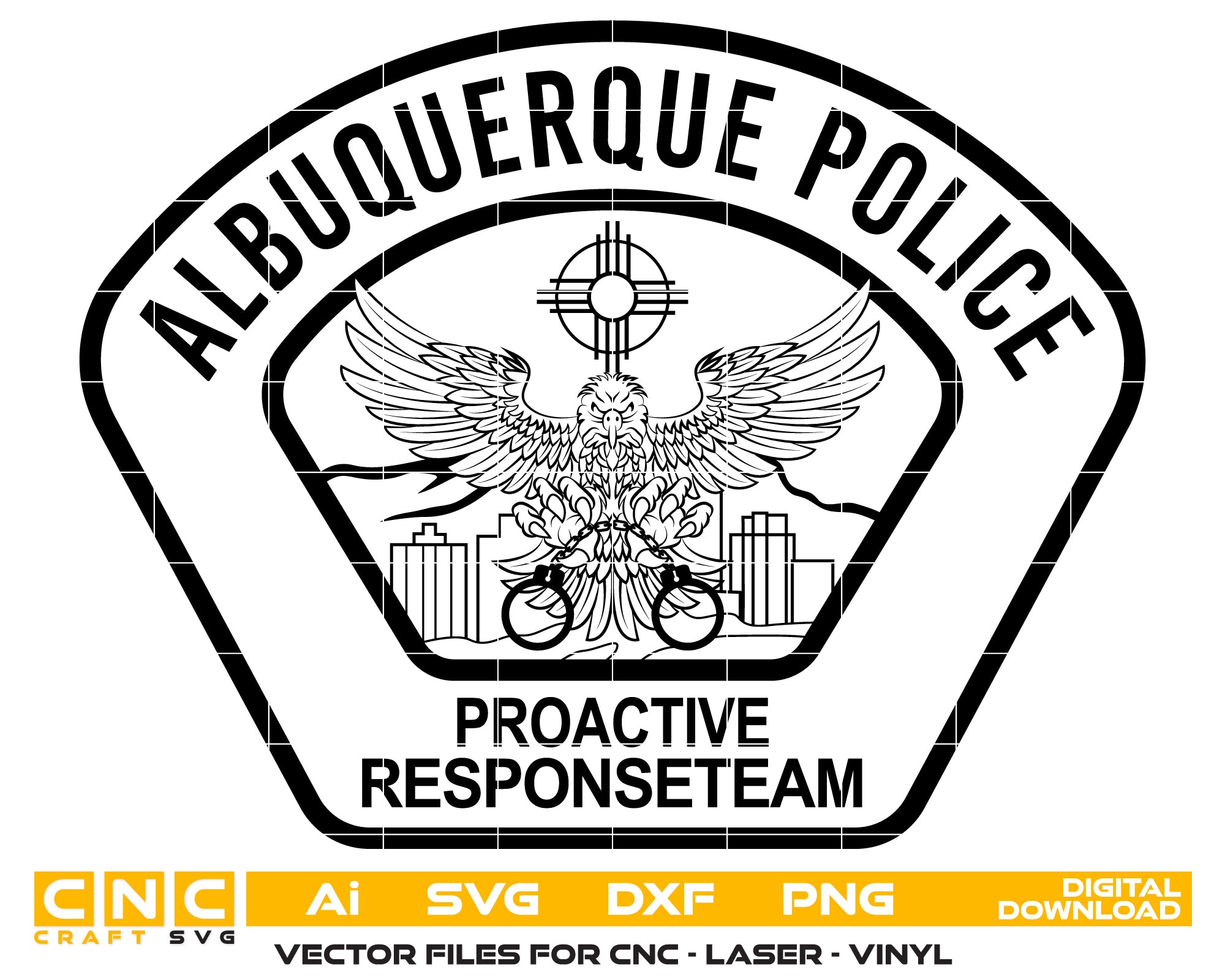Albuquerque Police PRT Patch SVG

New Mexico Law Enforcement Vector Design

Eagle Handcuffs Police Patch Engraving File

Albuquerque NM Police Sign CNC File

Proactive Response Team Vector for Laser Cutting