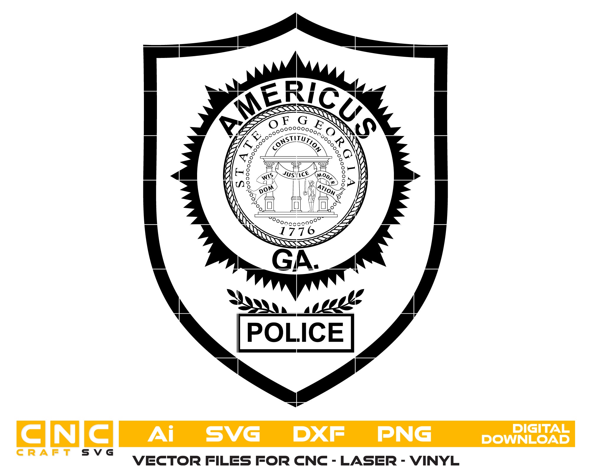 Americus Police Patch SVG

Georgia Law Enforcement Vector Design

State of Georgia Seal Police Emblem

Americus GA Police Shield Engraving File

Police Patch CNC Router File