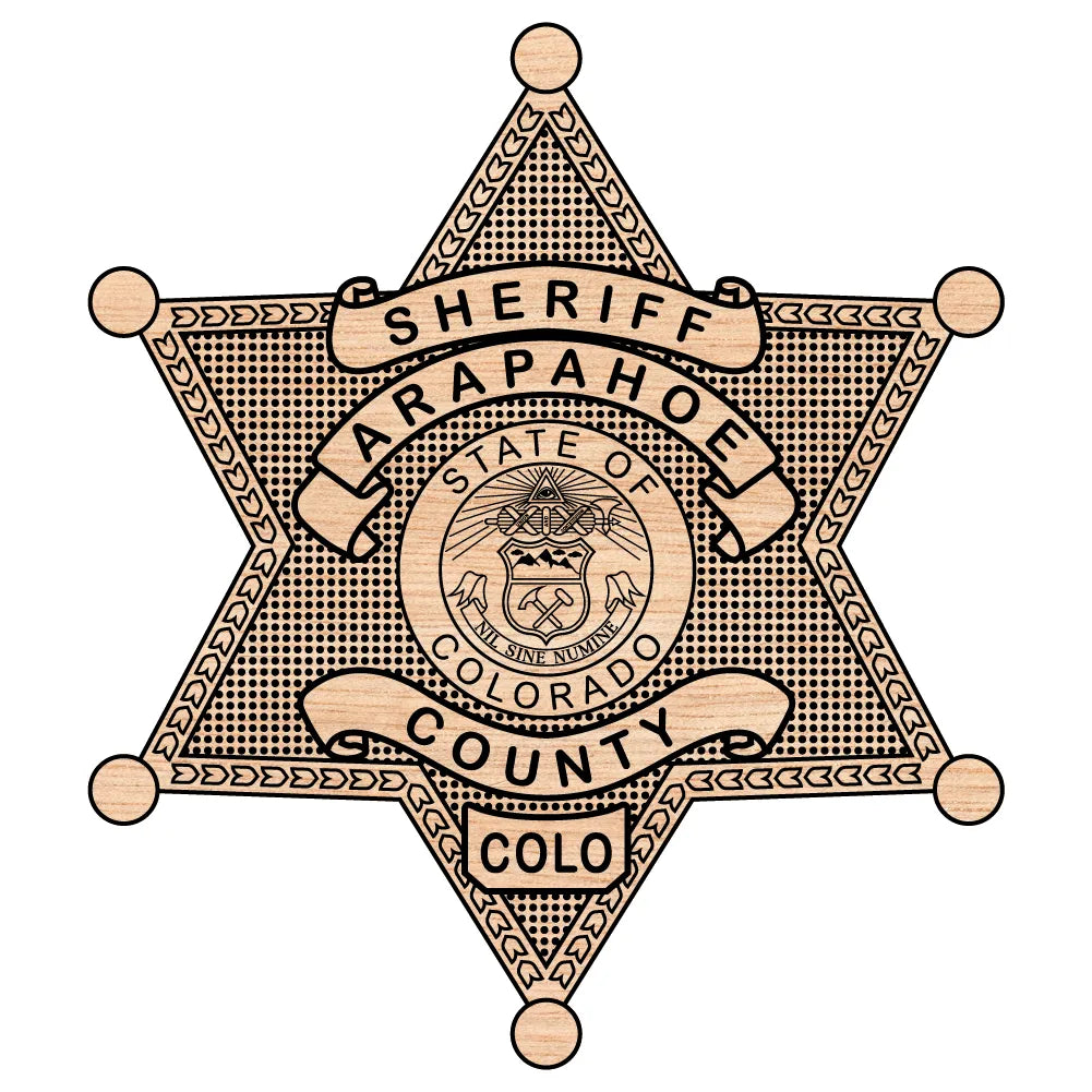 Arapahoe County Sheriff Badge SVG

Colorado Law Enforcement Vector

6-Point Star Sheriff Emblem

Deputy Plaque Engraving File

Arapahoe County Sheriff Sign CNC File
