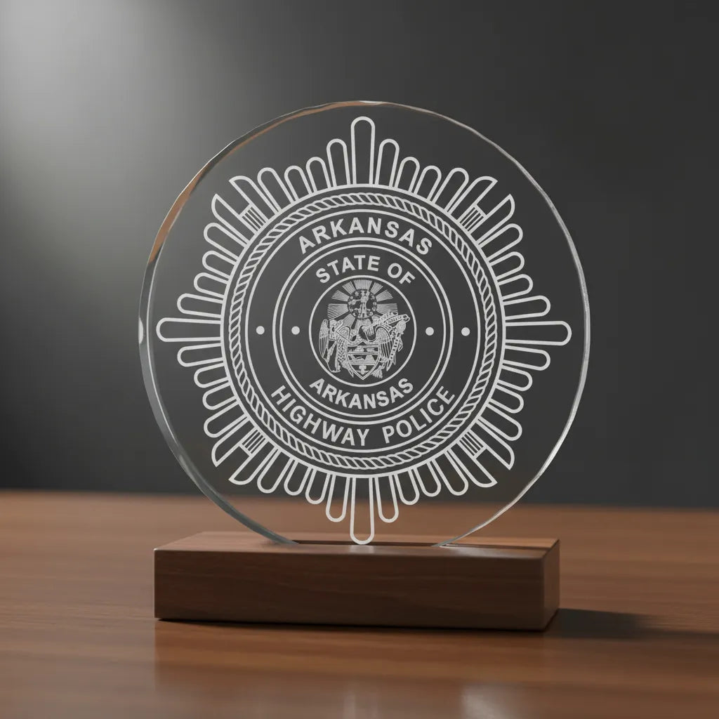Arkansas Highway Police Badge SVG

Arkansas Law Enforcement Vector

Police Sunburst Badge State Seal

Officer Plaque Engraving File

Arkansas Police Sign CNC File