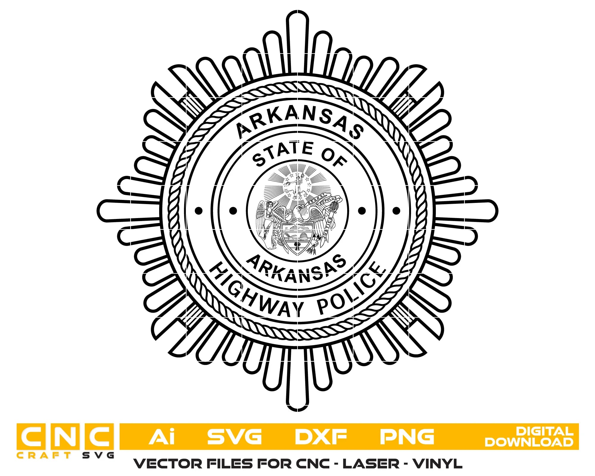 Arkansas Highway Police Badge SVG

Arkansas Law Enforcement Vector

Police Sunburst Badge State Seal

Officer Plaque Engraving File

Arkansas Police Sign CNC File