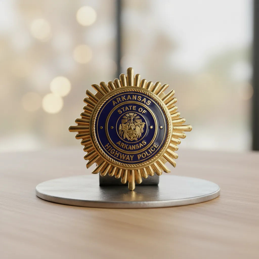 Arkansas Highway Police Badge SVG

Arkansas Law Enforcement Vector

Police Sunburst Badge State Seal

Officer Plaque Engraving File

Arkansas Police Sign CNC File