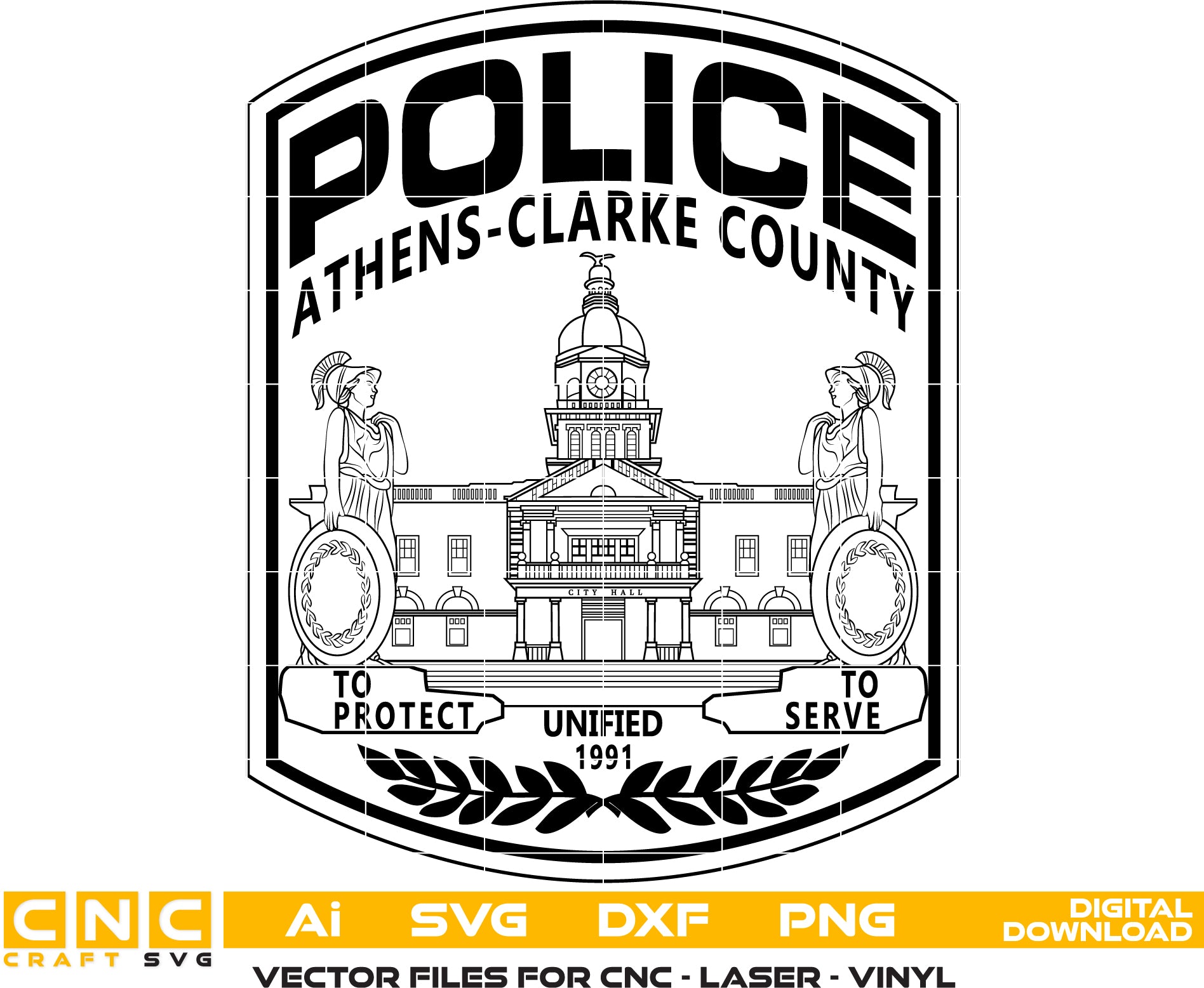 Athens Clarke County Police Patch SVG

Georgia Law Enforcement Vector Design

Unified Government Police Patch Engraving File

Athens GA Police Sign CNC File

Athens Arch Seal Vector for Laser Cutting