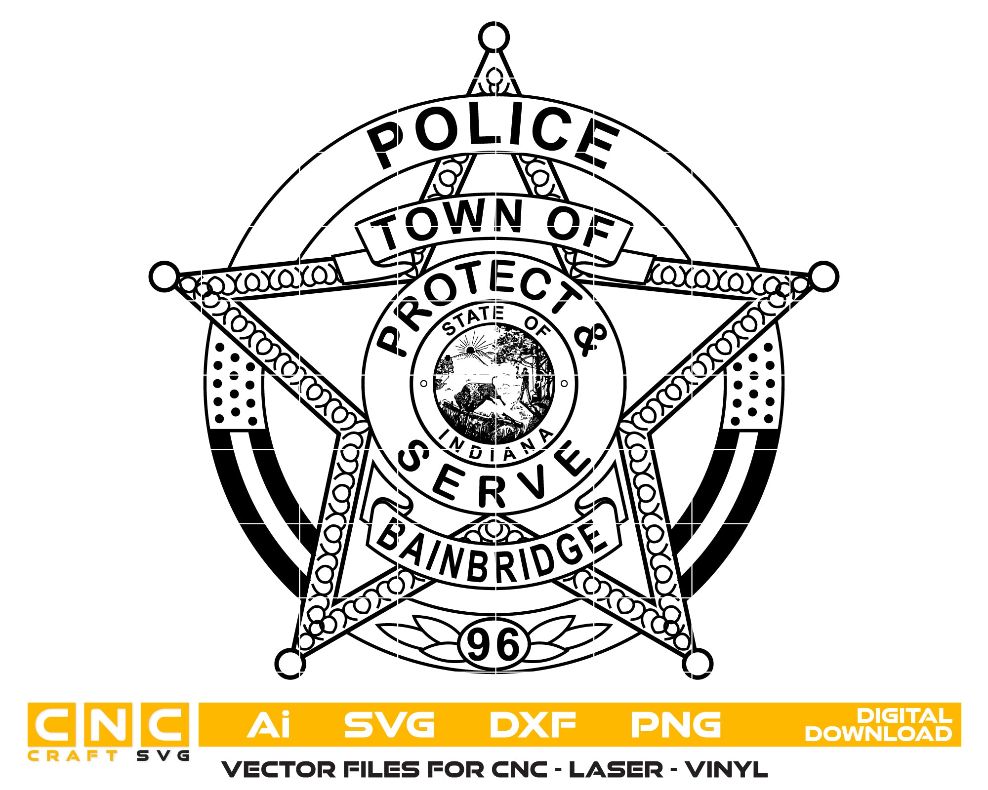 Bainbridge IN Police Department Badge SVG

Indiana Law Enforcement Star Vector

State of Indiana Seal Engraving File

5 Point Star Police Badge CNC File

Protect and Serve Vector for Lasers