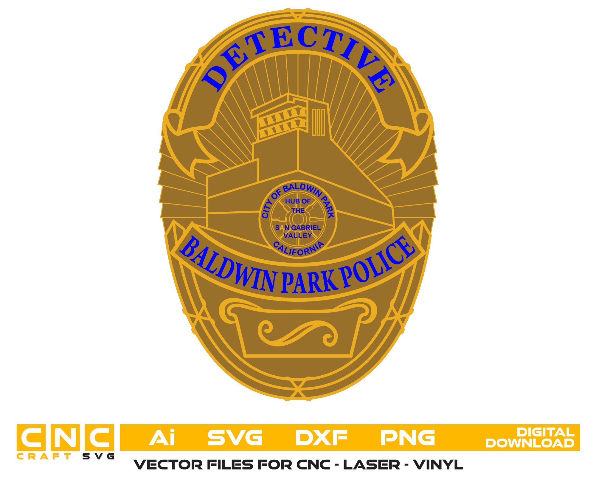 Baldwin Park Police Detective Badge Color SVG, Baldwin Park Detective Badge Vector, Police Detective Badge Color File, California Police Badge SVG, Law Enforcement Badge Vector, Badge Engraving File