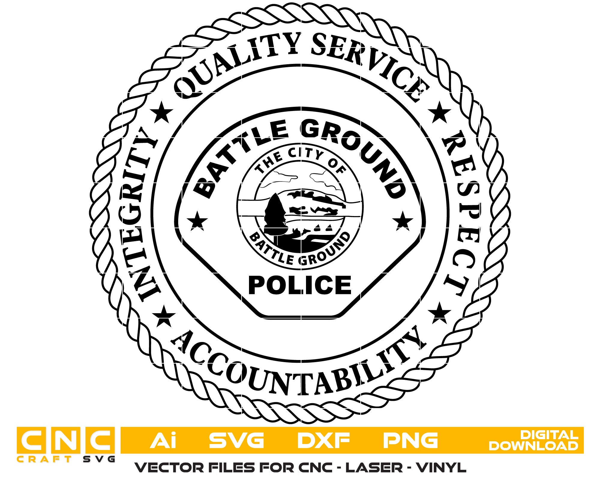 Battle Ground WA Police Patch SVG

Washington Law Enforcement Circular Vector

City of Battle Ground Seal Engraving File

Rope Border Police Patch CNC File

Core Values Police Vector for Lasers