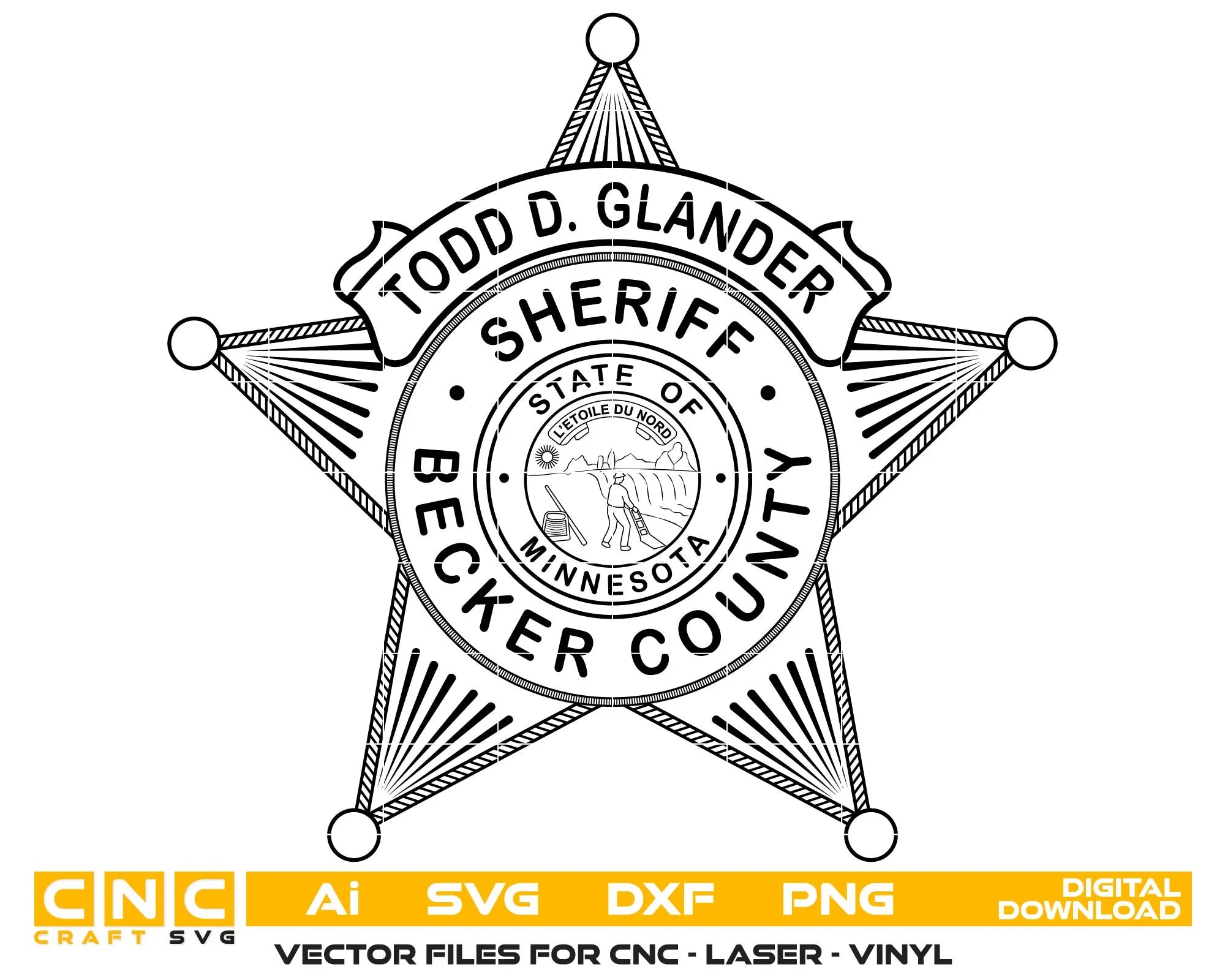 Becker County Sheriff Badge SVG

Minnesota Law Enforcement Vector

5-Point Star Sheriff Emblem

Sheriff Plaque Engraving File

Becker County Sign CNC File