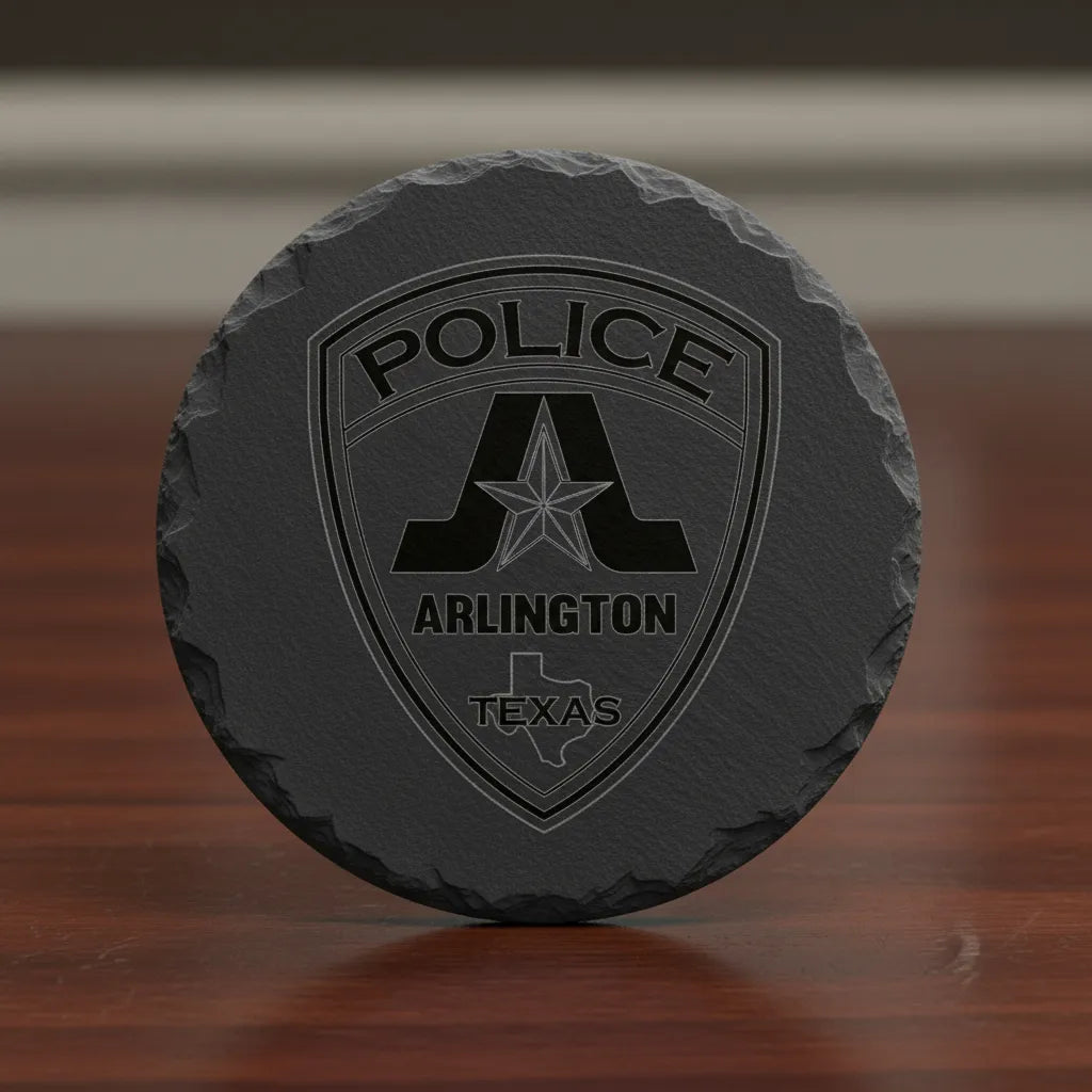 High-detail vector line art of the "Texas Arlington Police Badge.jpg" featuring a shield badge with a large stylized letter A, a lone star, and the Texas state map.