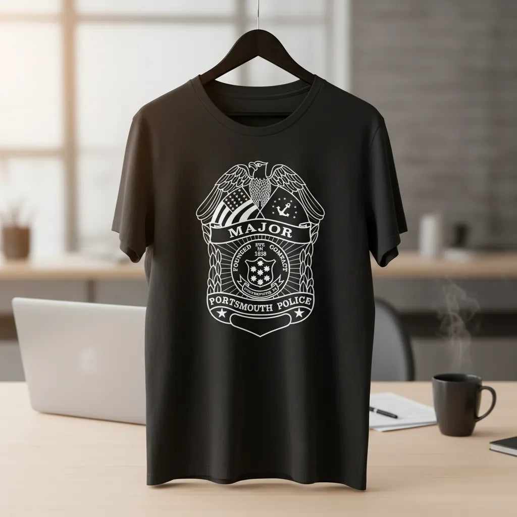 Black t-shirt with a white emblem and text on a hanger in an office setting