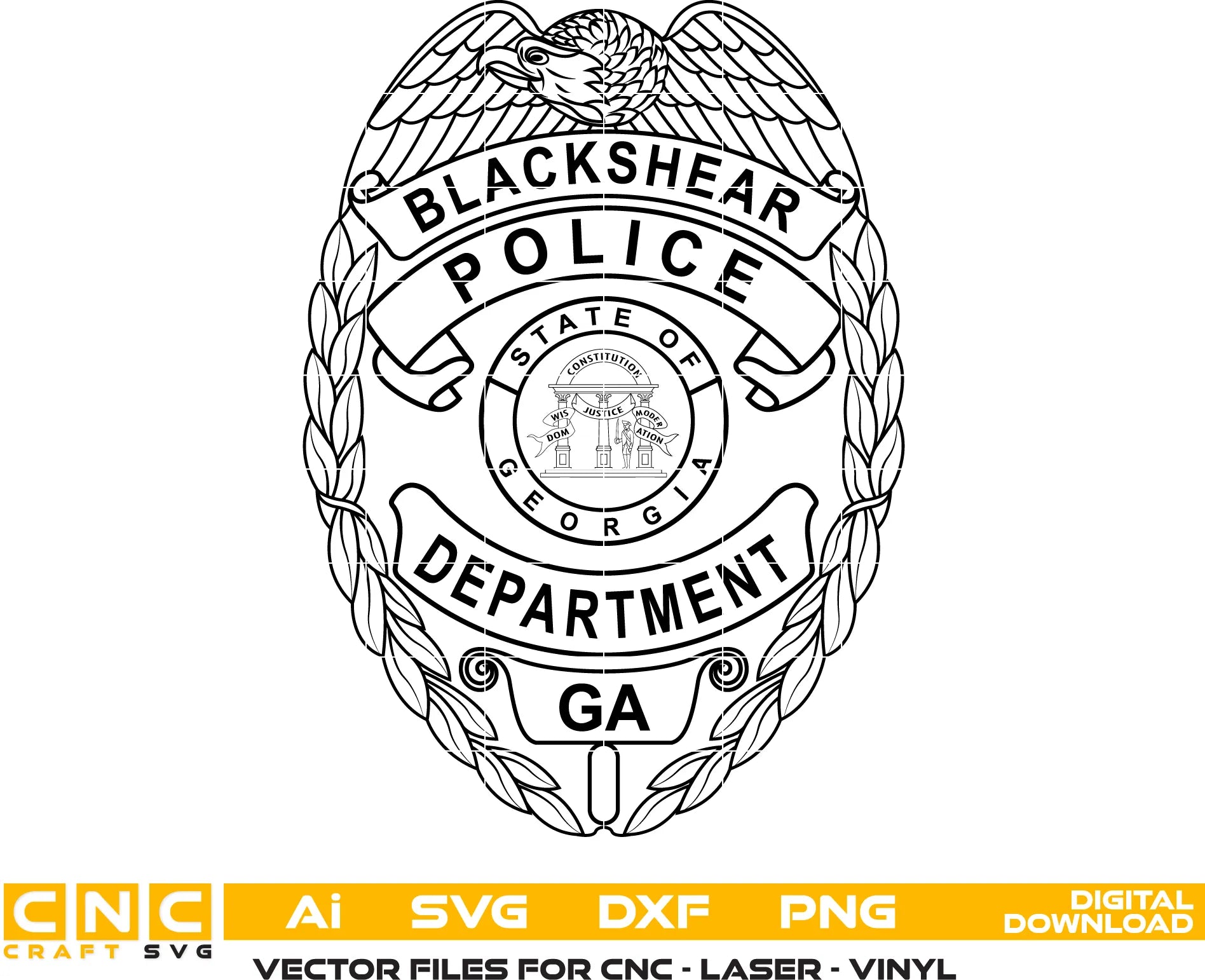 Blackshear Police Badge SVG

Georgia Law Enforcement Vector Design

5-Point Star Police Badge Engraving File

Blackshear GA Police Sign CNC File

State of Georgia Seal Vector for Laser Cutting