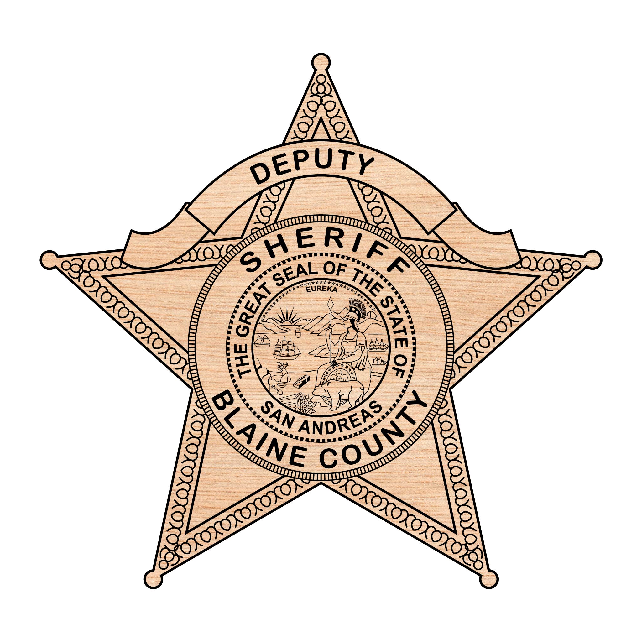 Blaine County Deputy Sheriff Badge SVG

San Andreas Law Enforcement Vector Design

Cosplay Sheriff Badge Engraving File

Gaming Room Decor Sign CNC File

7-Point Star Badge Vector for Laser Cutting