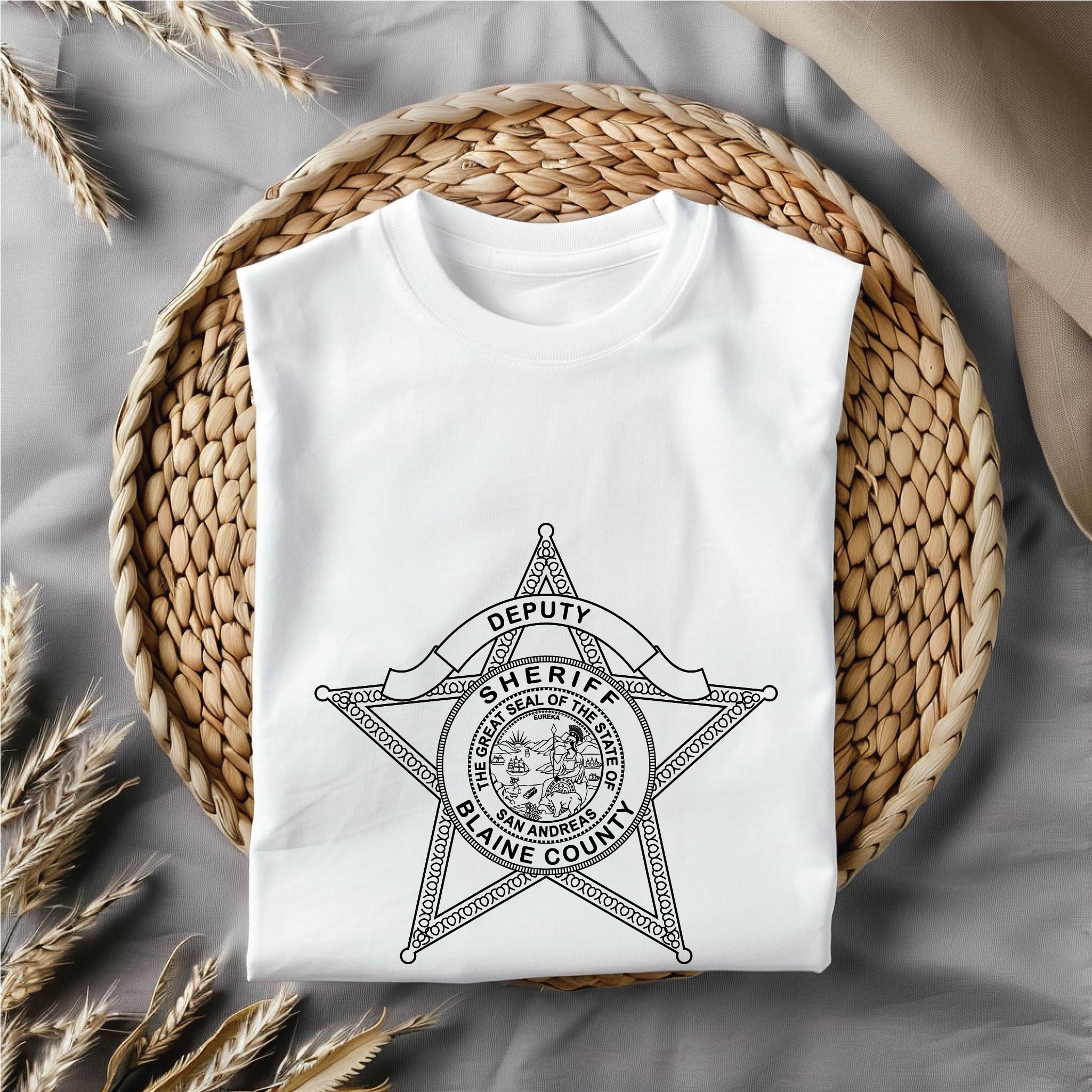 Blaine County Deputy Sheriff Badge SVG

San Andreas Law Enforcement Vector Design

Cosplay Sheriff Badge Engraving File

Gaming Room Decor Sign CNC File

7-Point Star Badge Vector for Laser Cutting