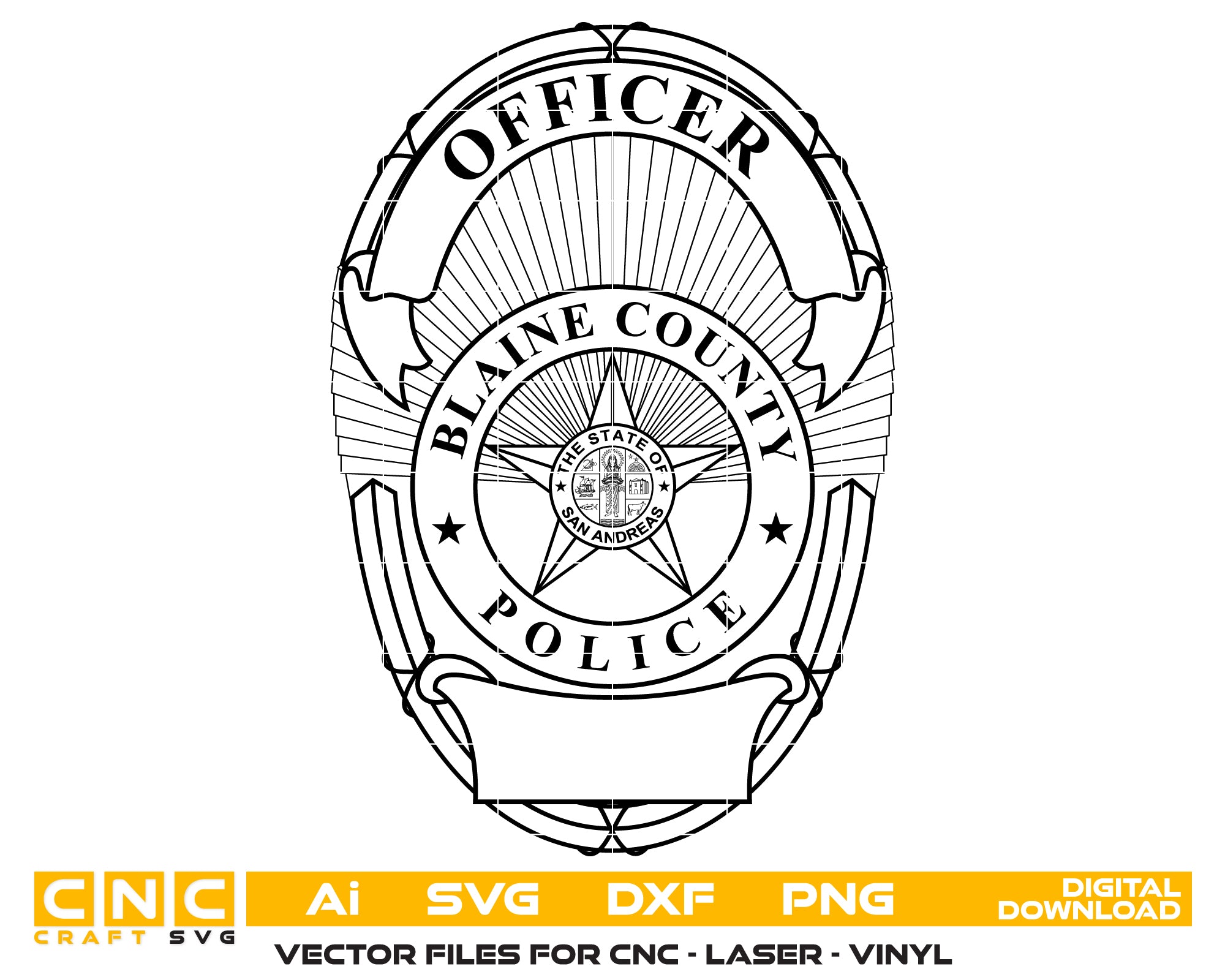 Blaine County Police Officer Badge SVG

San Andreas Law Enforcement Vector

Fictional Police Officer Emblem File

Gaming Community Plaque Engraving Design

Blaine County Sign CNC Vector File