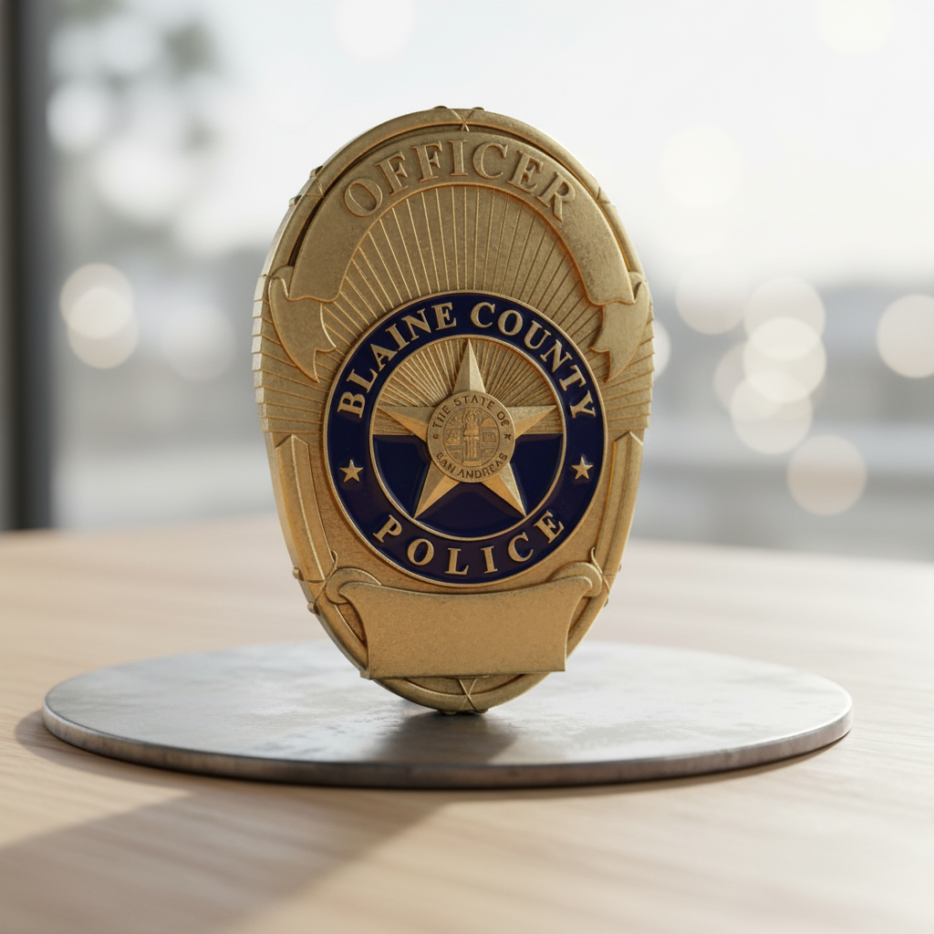 Blaine County Police Officer Badge SVG

San Andreas Law Enforcement Vector

Fictional Police Officer Emblem File

Gaming Community Plaque Engraving Design

Blaine County Sign CNC Vector File