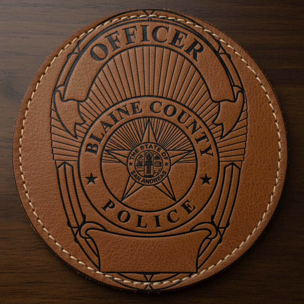 Blaine County Police Officer Badge SVG

San Andreas Law Enforcement Vector

Fictional Police Officer Emblem File

Gaming Community Plaque Engraving Design

Blaine County Sign CNC Vector File