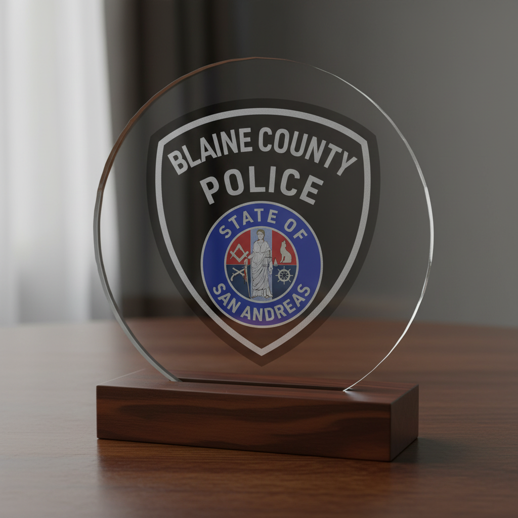 Blaine County Police Patch SVG

San Andreas Law Enforcement Vector

Full Color Fictional Police Patch File

Gaming Community Emblem Engraving Design

Blaine County Shield CNC Vector File