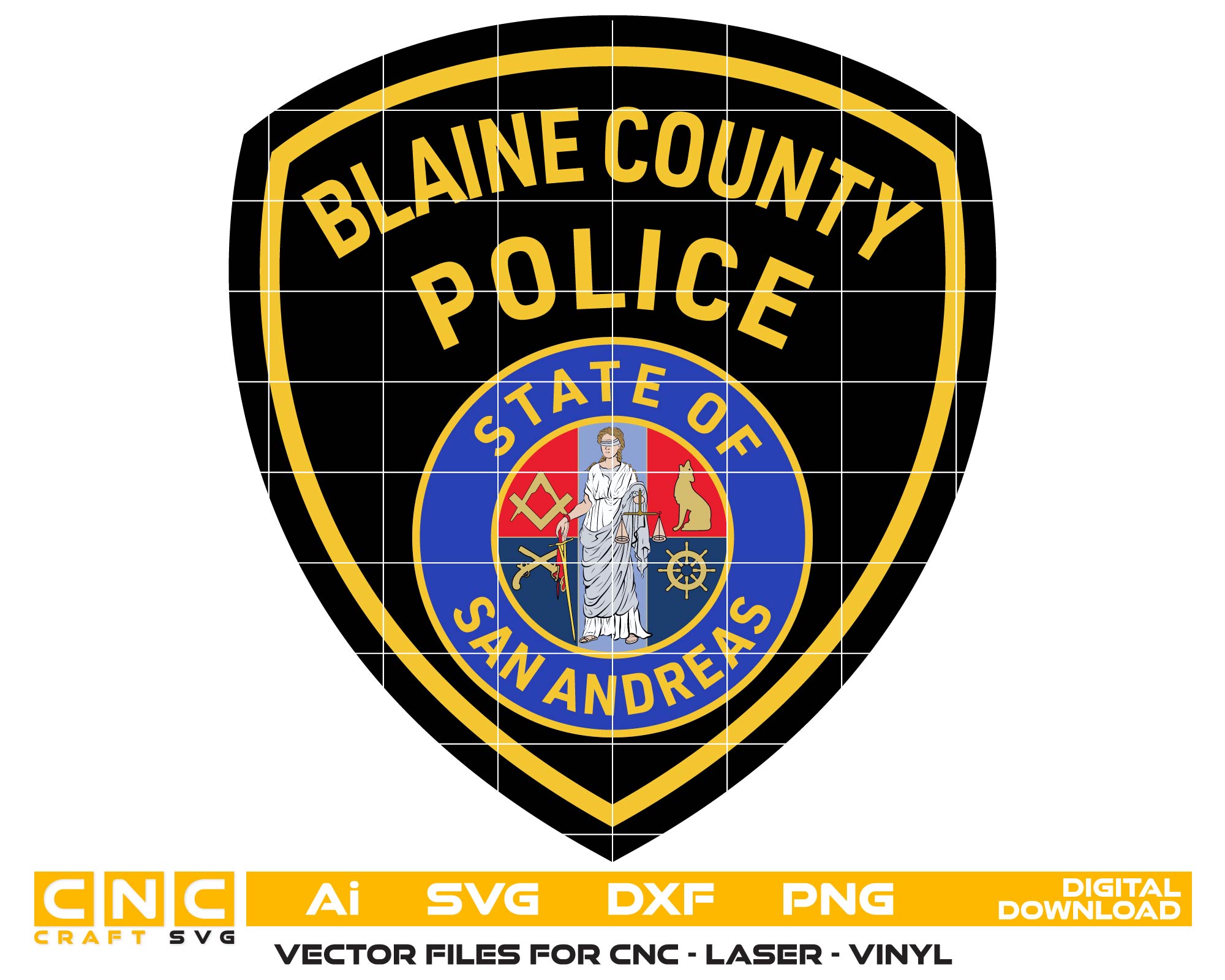 Blaine County Police Patch SVG

San Andreas Law Enforcement Vector

Full Color Fictional Police Patch File

Gaming Community Emblem Engraving Design

Blaine County Shield CNC Vector File