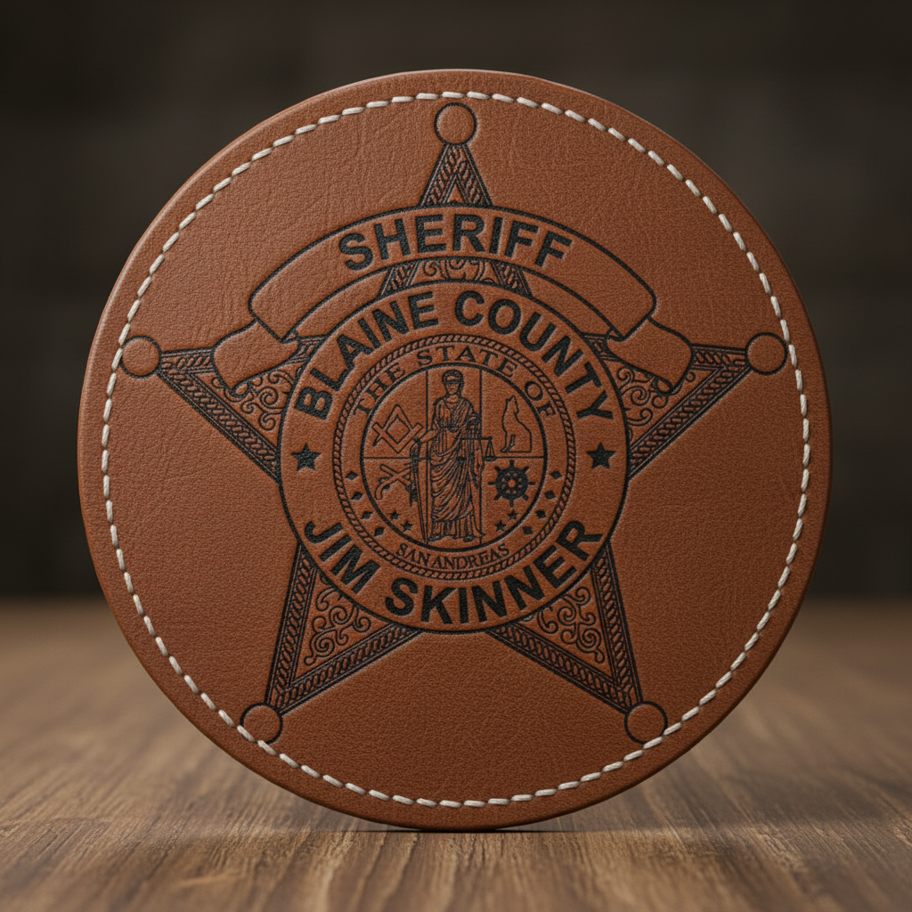 Blaine County Sheriff Badge SVG

San Andreas Law Enforcement Vector

Fictional Sheriff 6-Point Star Emblem

Gaming Community Plaque Engraving Design

Jim Skinner Badge CNC Vector File