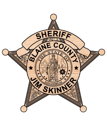 Blaine County Sheriff Badge SVG

San Andreas Law Enforcement Vector

Fictional Sheriff 6-Point Star Emblem

Gaming Community Plaque Engraving Design

Jim Skinner Badge CNC Vector File