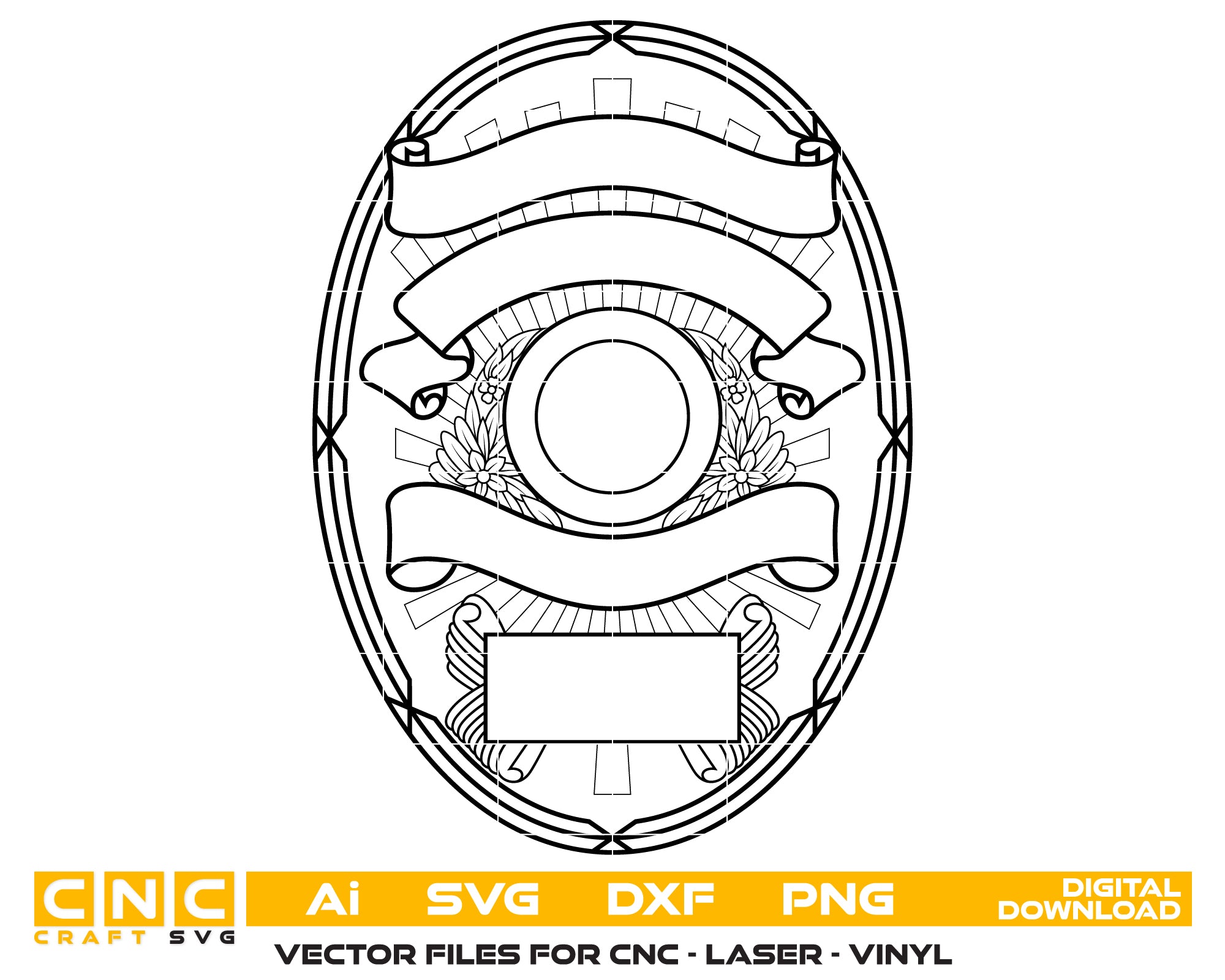 Blank Oval Police Badge Template SVG

Customizable Law Enforcement Shield Vector

Blank Badge Ribbon Banners Engraving File

Security Badge Template Sign CNC File

Blank Police Shield Vector for Lasers