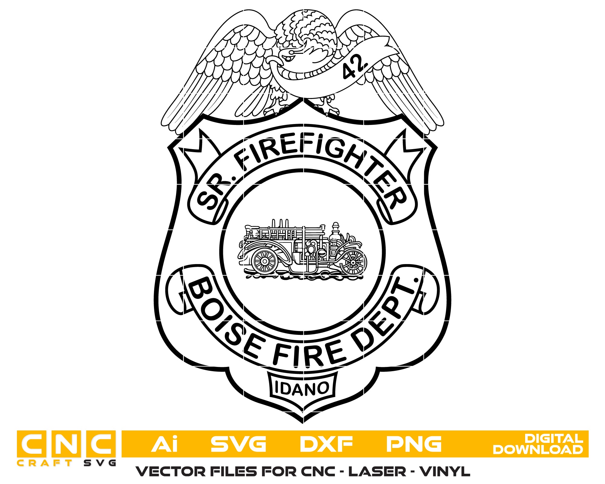 Boise Fire Dept Badge SVG

Idaho Fire Department Vector Design

Vintage Fire Engine Badge Engraving File

Boise ID Sr Firefighter Sign CNC File

Eagle Fire Badge Vector for Laser Cutting
