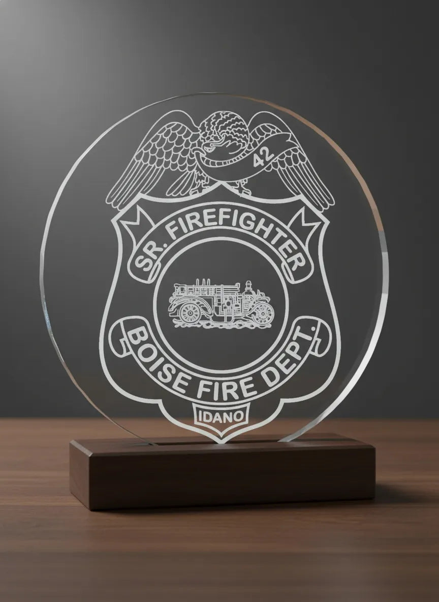 Boise Fire Dept Badge SVG

Idaho Fire Department Vector Design

Vintage Fire Engine Badge Engraving File

Boise ID Sr Firefighter Sign CNC File

Eagle Fire Badge Vector for Laser Cutting