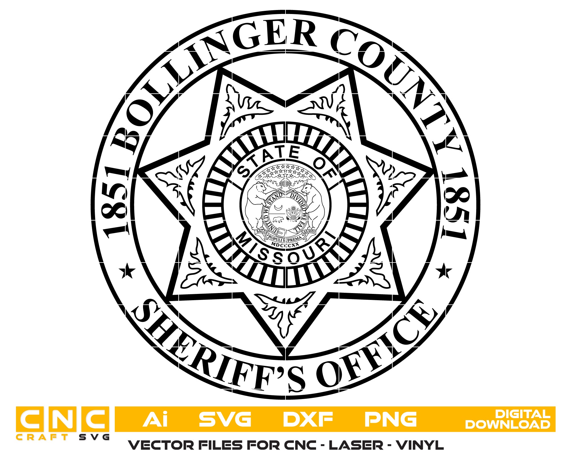 Bollinger County Sheriff Badge SVG

Missouri Sheriff Office Vector

Bollinger County 1851 Badge Design

Law Enforcement Star Logo for CNC

Sheriff Department Emblem SVG File