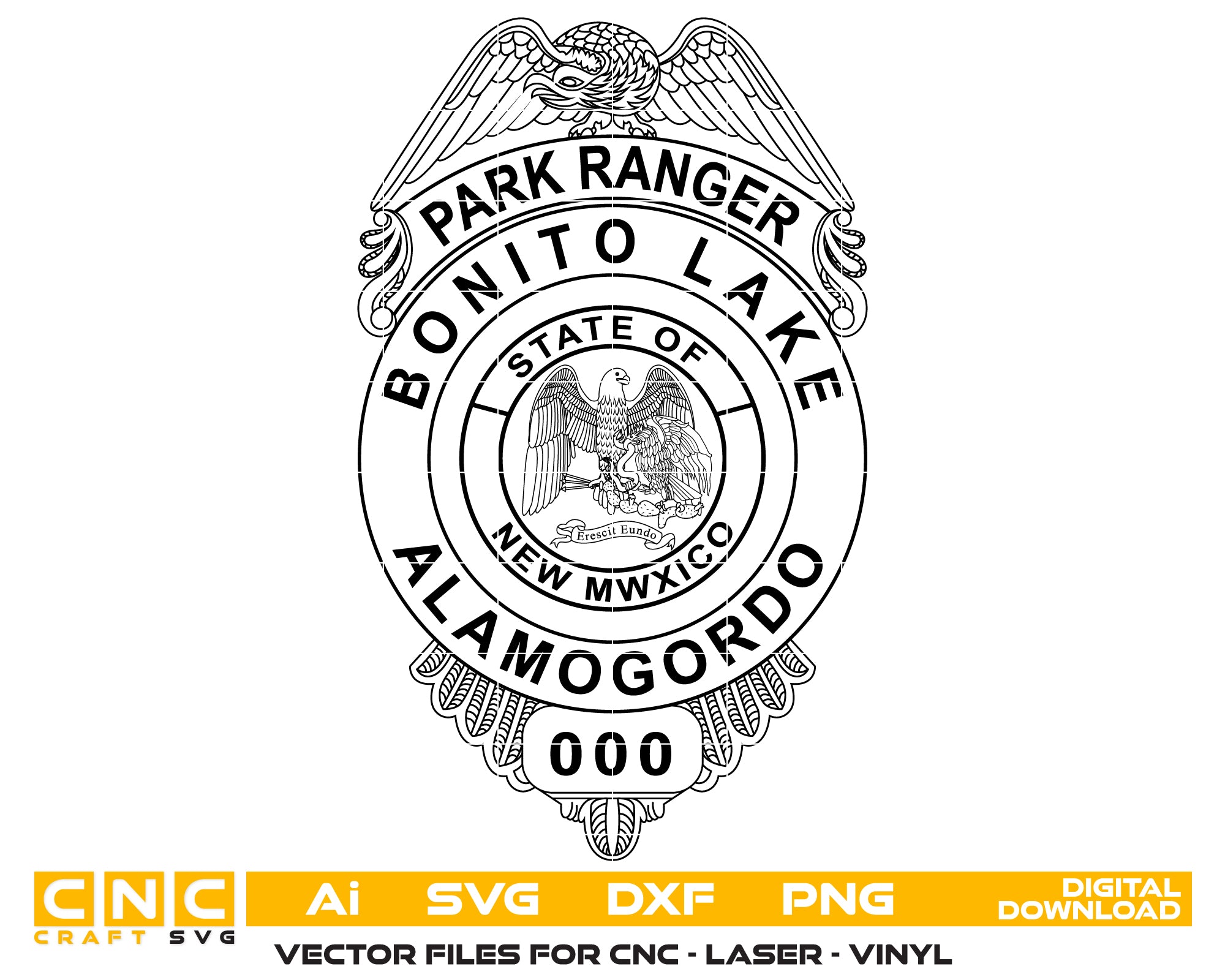 Bonito Lake Park Ranger Badge SVG

Alamogordo New Mexico Vector Design

State of New Mexico Seal Emblem

Park Ranger Shield Engraving File

Eagle Top Badge CNC Router File