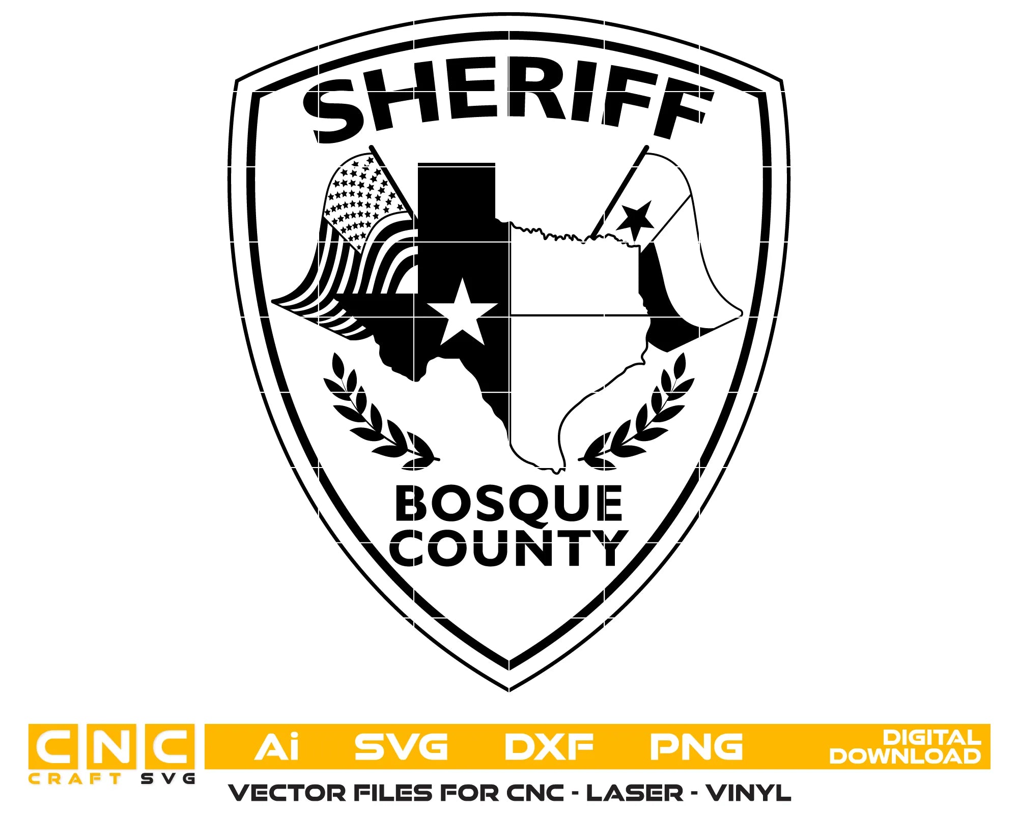 Bosque County Sheriff Patch SVG

Texas Law Enforcement Vector

Sheriff Shield Texas Map Emblem

Deputy Plaque Engraving File

Bosque County Sheriff Sign CNC File