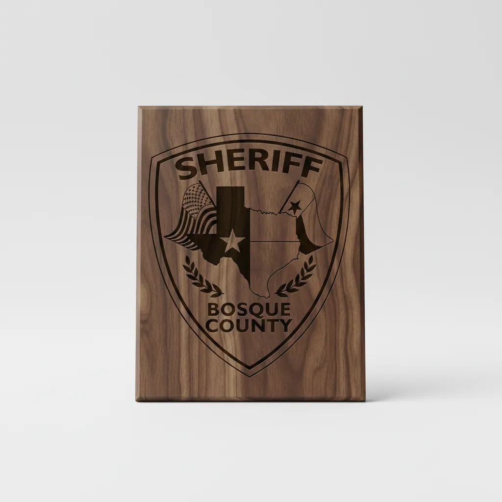 Bosque County Sheriff Patch SVG

Texas Law Enforcement Vector

Sheriff Shield Texas Map Emblem

Deputy Plaque Engraving File

Bosque County Sheriff Sign CNC File