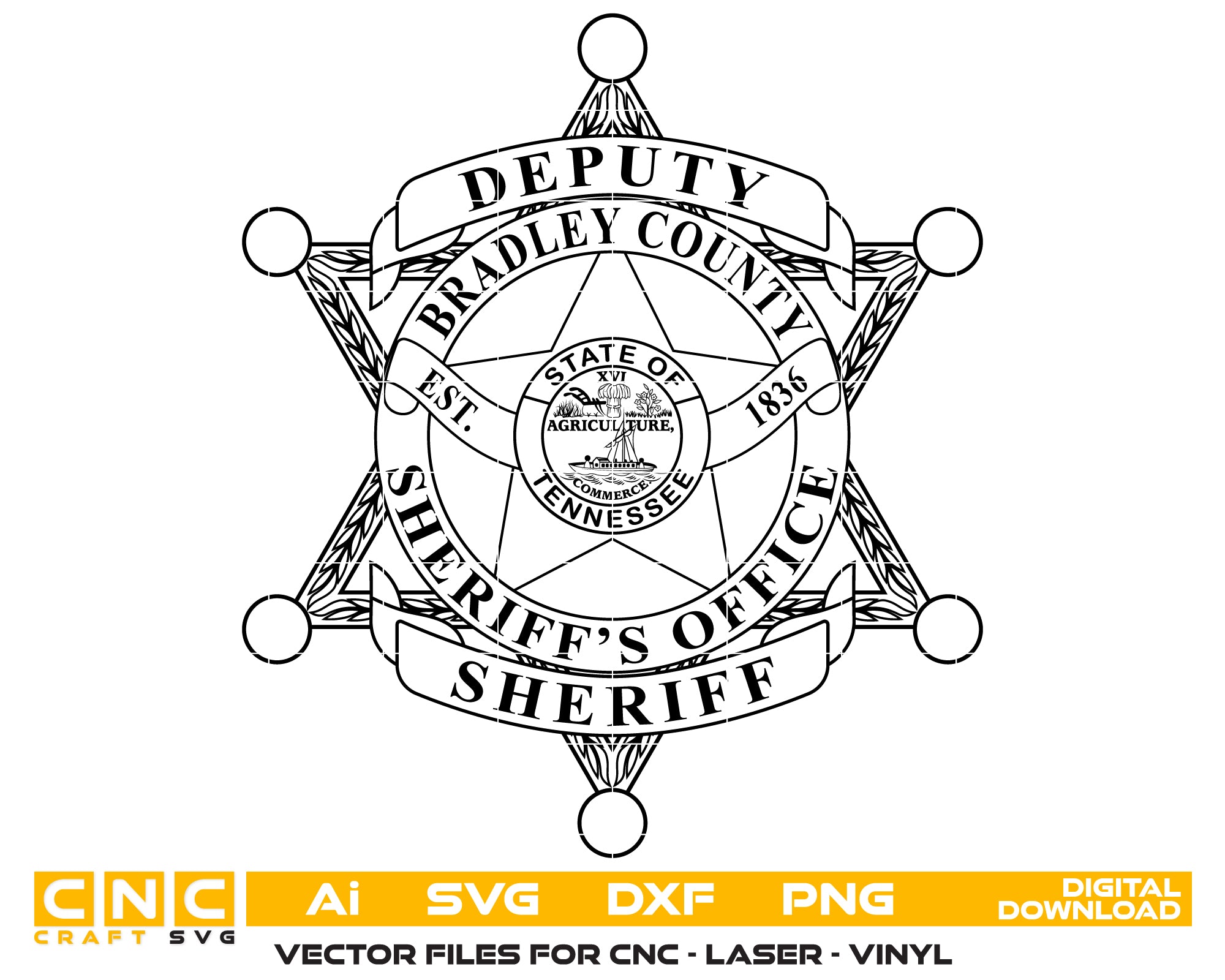 Bradley County Deputy Sheriff Badge SVG

Tennessee Law Enforcement Vector Design

Six Pointed Star Sheriff Badge Engraving File

Bradley County TN Police Sign CNC File

Tennessee State Seal Badge Vector for Lasers