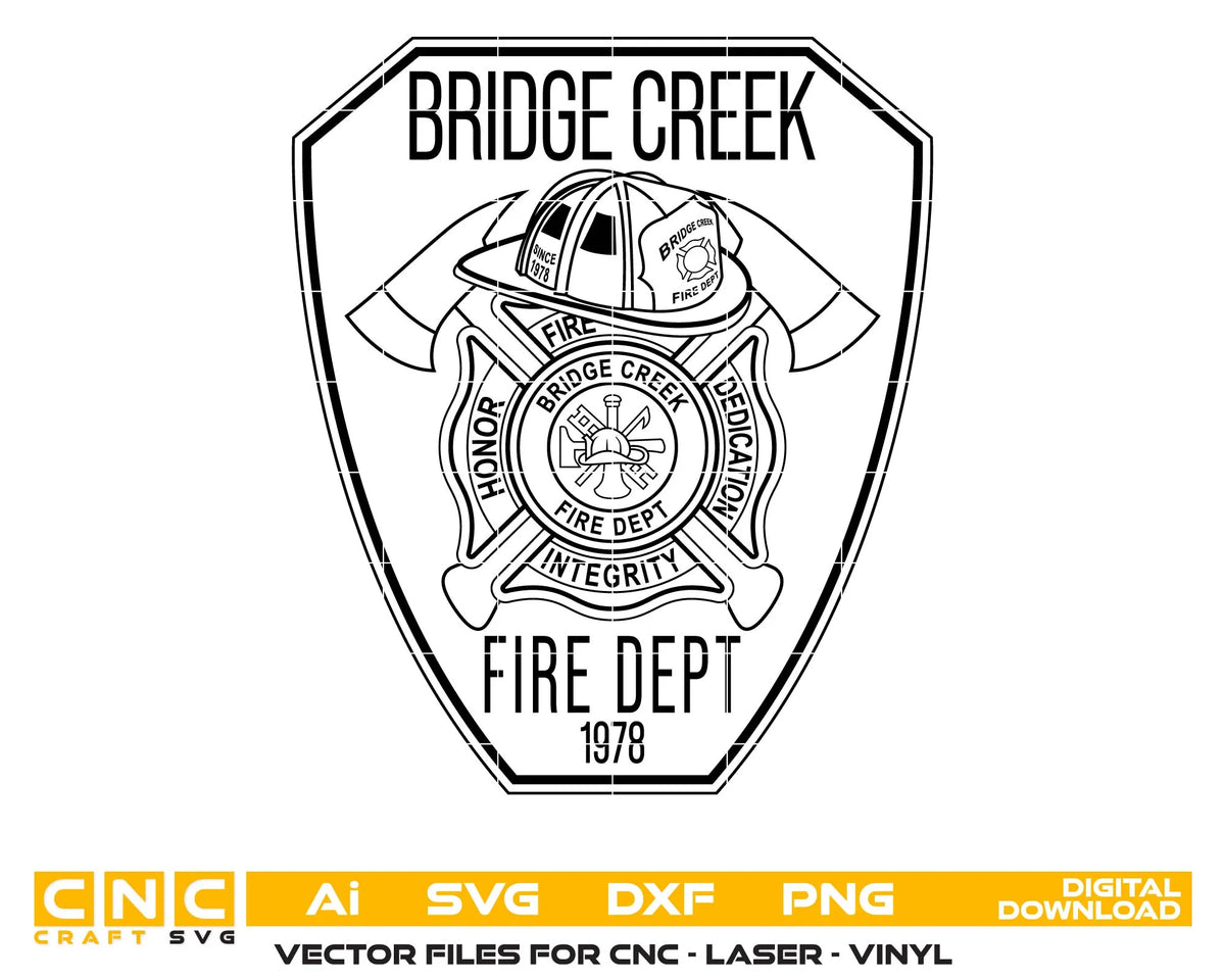Bridge Creek Fire Department Badge SVG, Bridge Creek Fire Dept Badge Vector, Firefighter Badge SVG, Fire Department Emblem Vector, Firefighter Maltese Cross SVG, Fire Badge Engraving File