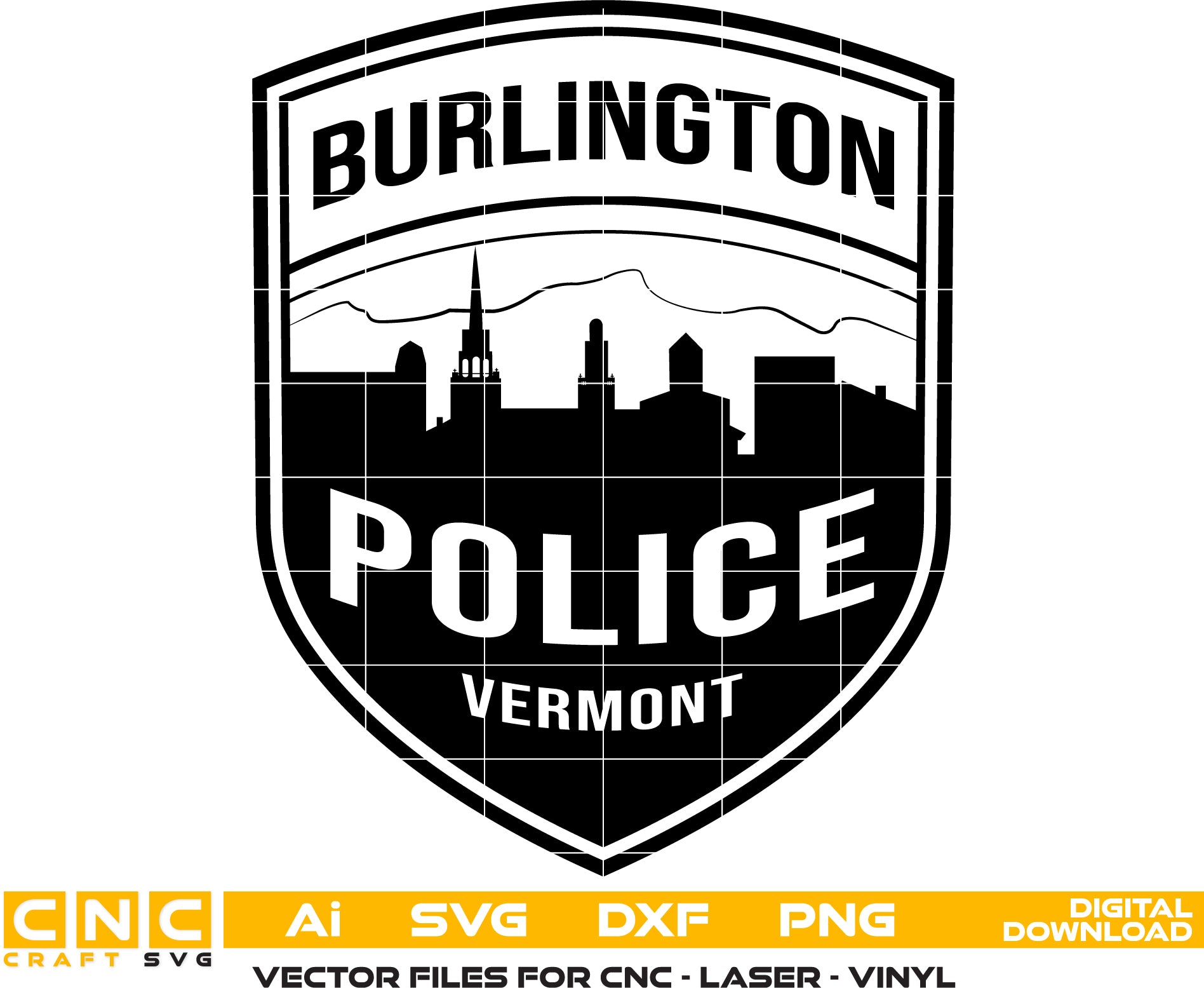 Burlington Police Department Patch SVG

Vermont Law Enforcement Vector Design

City Skyline Shield Engraving File

Burlington VT Police Sign CNC File

Police Uniform Patch Vector for Lasers