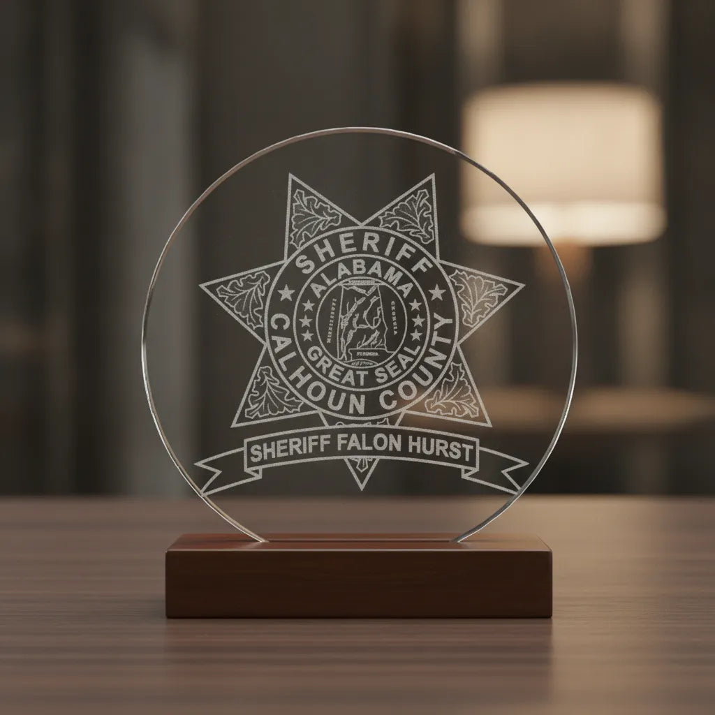 Calhoun County AL Sheriff Badge SVG

Alabama Law Enforcement Star Vector

Great Seal of Alabama Map Engraving

Oak Leaf Sheriff Star Sign CNC File

Custom Name Banner Vector for Lasers