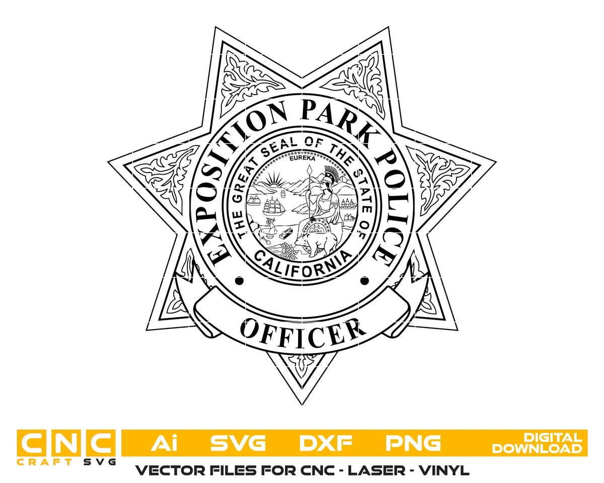 California Exposition Park Police Officer Badge SVG, Exposition Park Police Badge Vector, California Police Officer Badge SVG, Police Star Badge Vector, Law Enforcement Badge SVG, Badge Engraving File