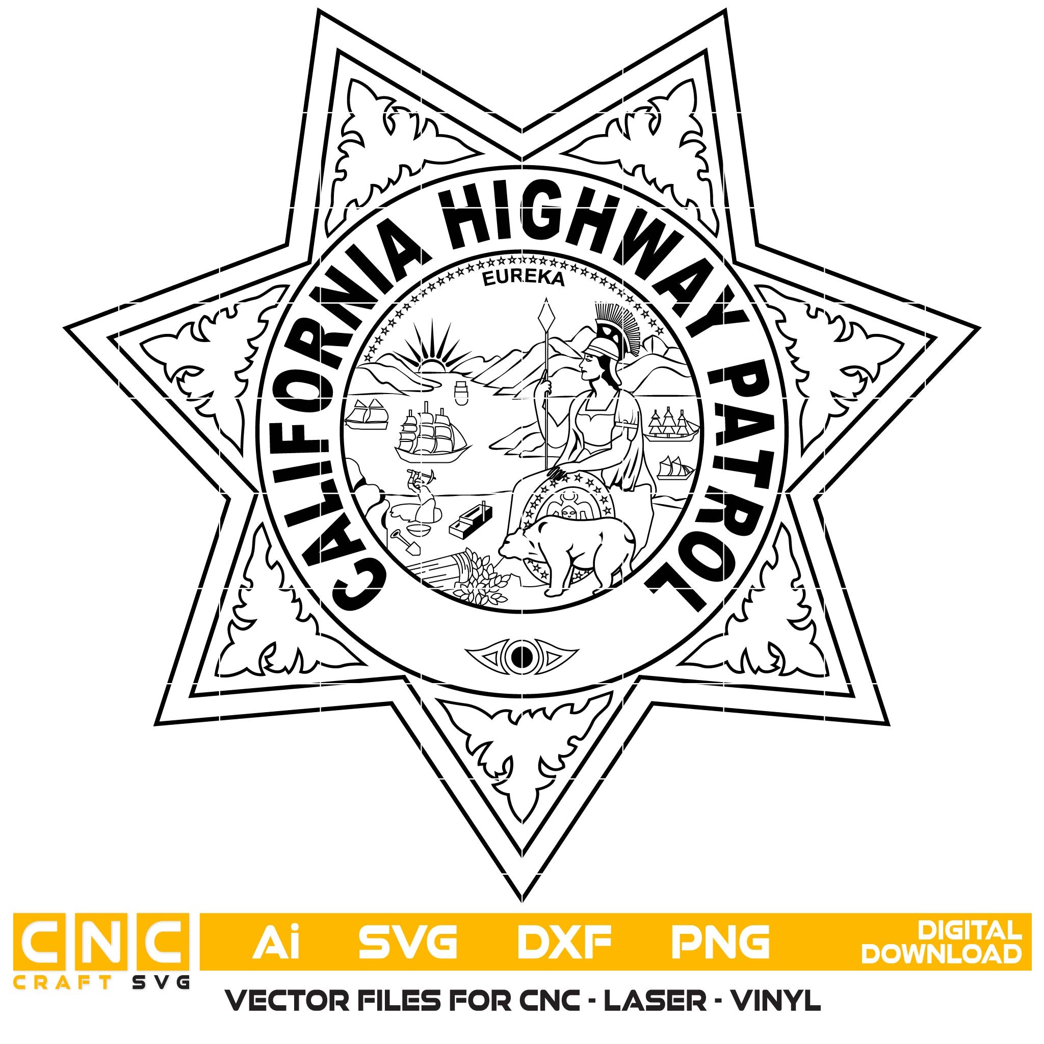 California Highway Patrol Badge SVG

CHP Law Enforcement Vector Design

Police Badge Engraving File

California Highway Patrol Sign CNC File

7-Point Star Badge Vector for Laser Cutting