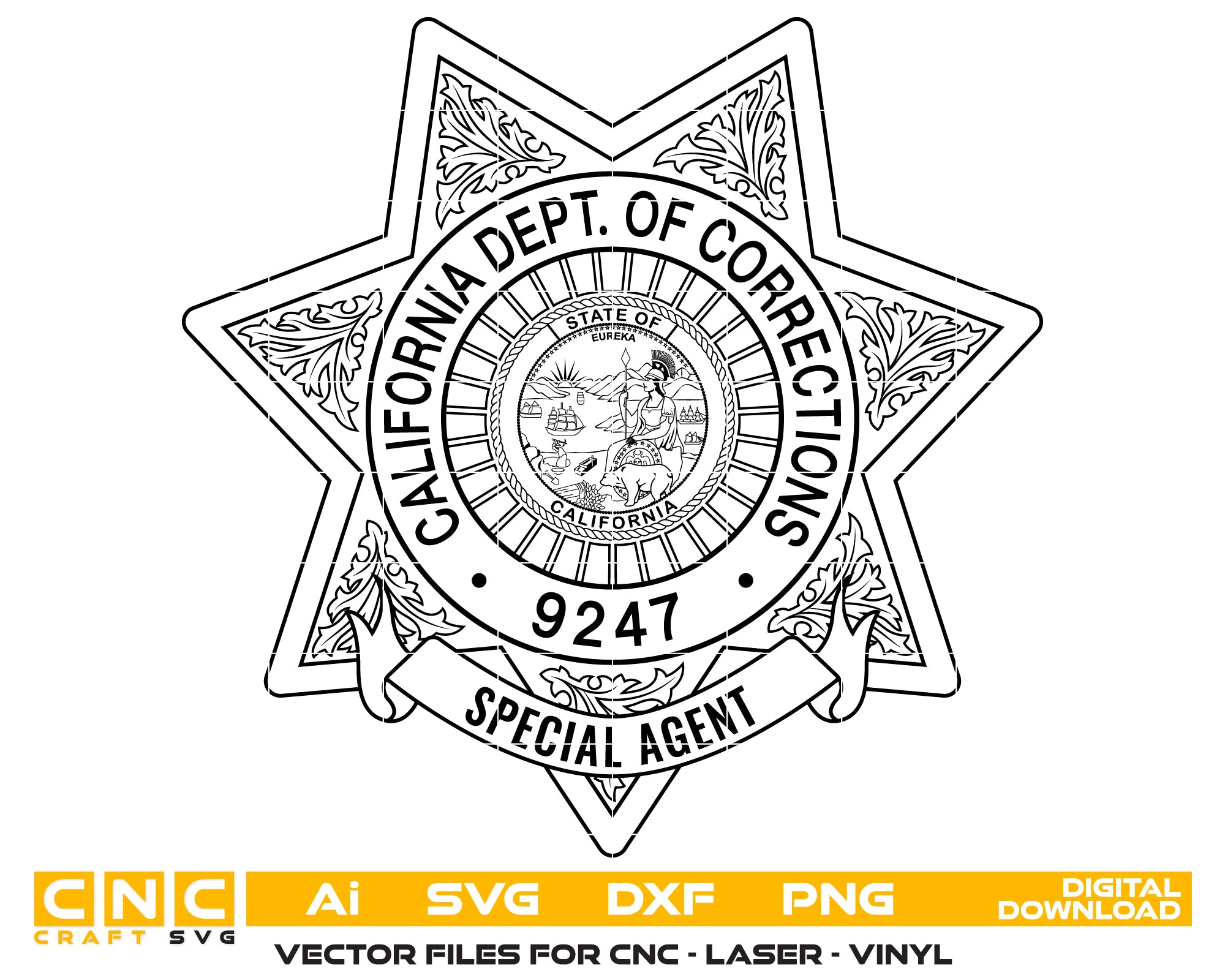 California Dept of Corrections Special Agent Badge SVG

CA Law Enforcement Seven Pointed Star Vector Design

State of California Seal Engraving File

CDCR Special Agent Badge Sign CNC File

Corrections Officer Badge Vector for Lasers